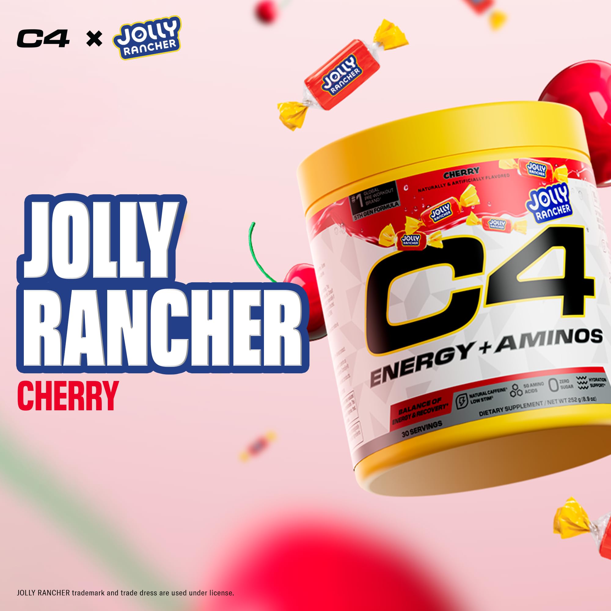 C4 Energy + Aminos 255g container with a scoop inside