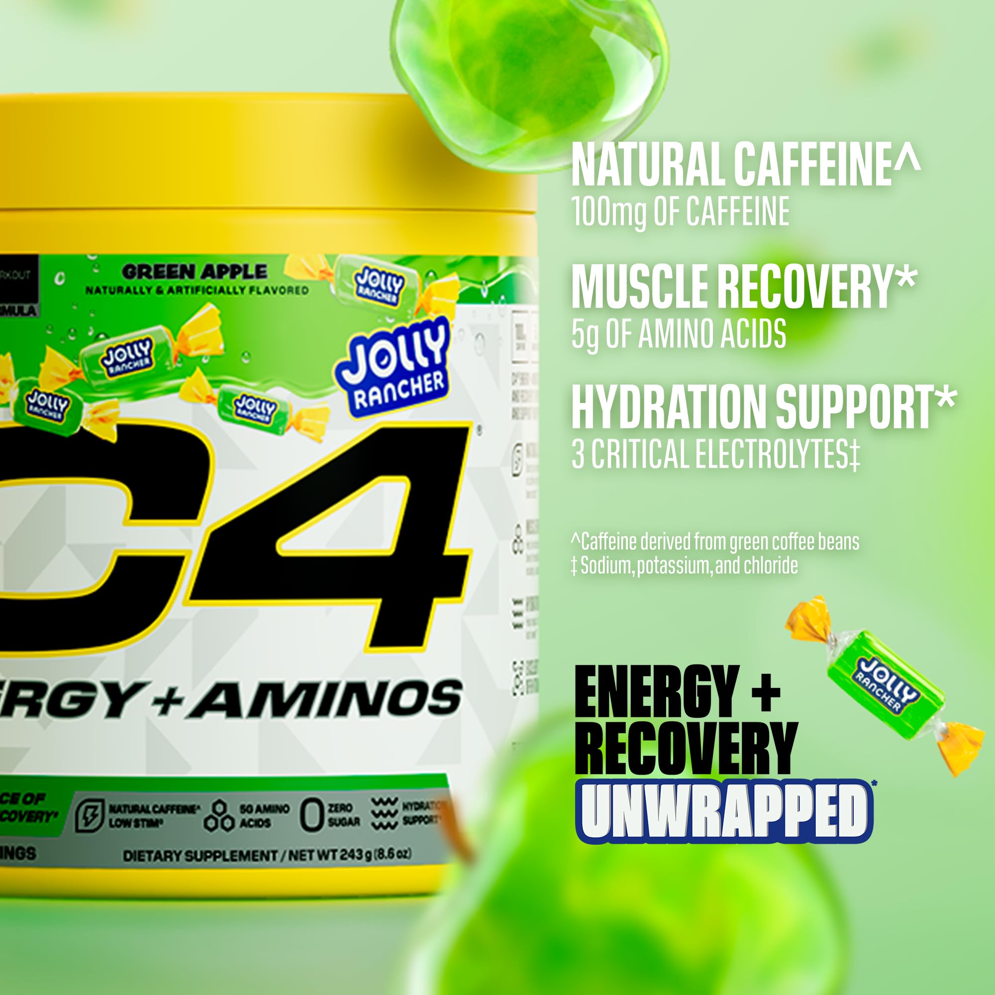C4 Energy + Aminos 255g side view with scoop