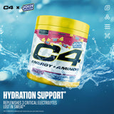 C4 Energy + Aminos 255g with a scoop beside it
