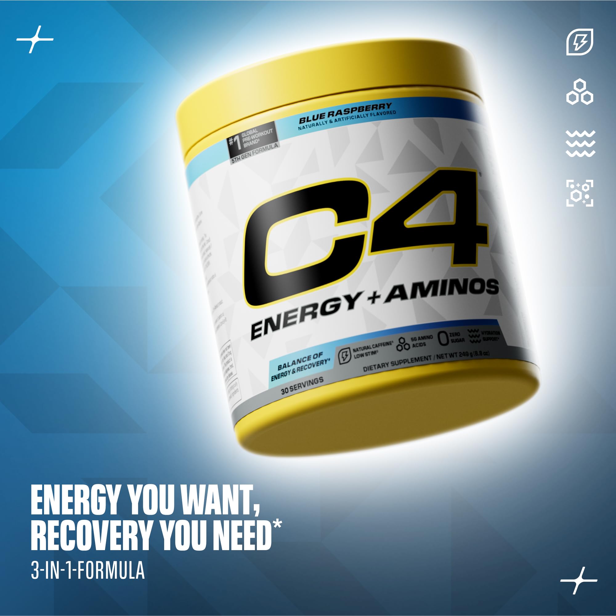 C4 Energy + Aminos 272g displayed with workout gear
