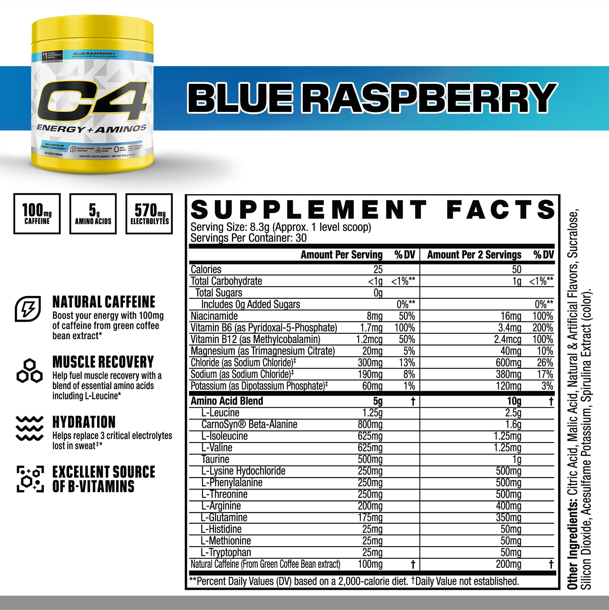 C4 Energy + Aminos 272g side view showing nutritional information