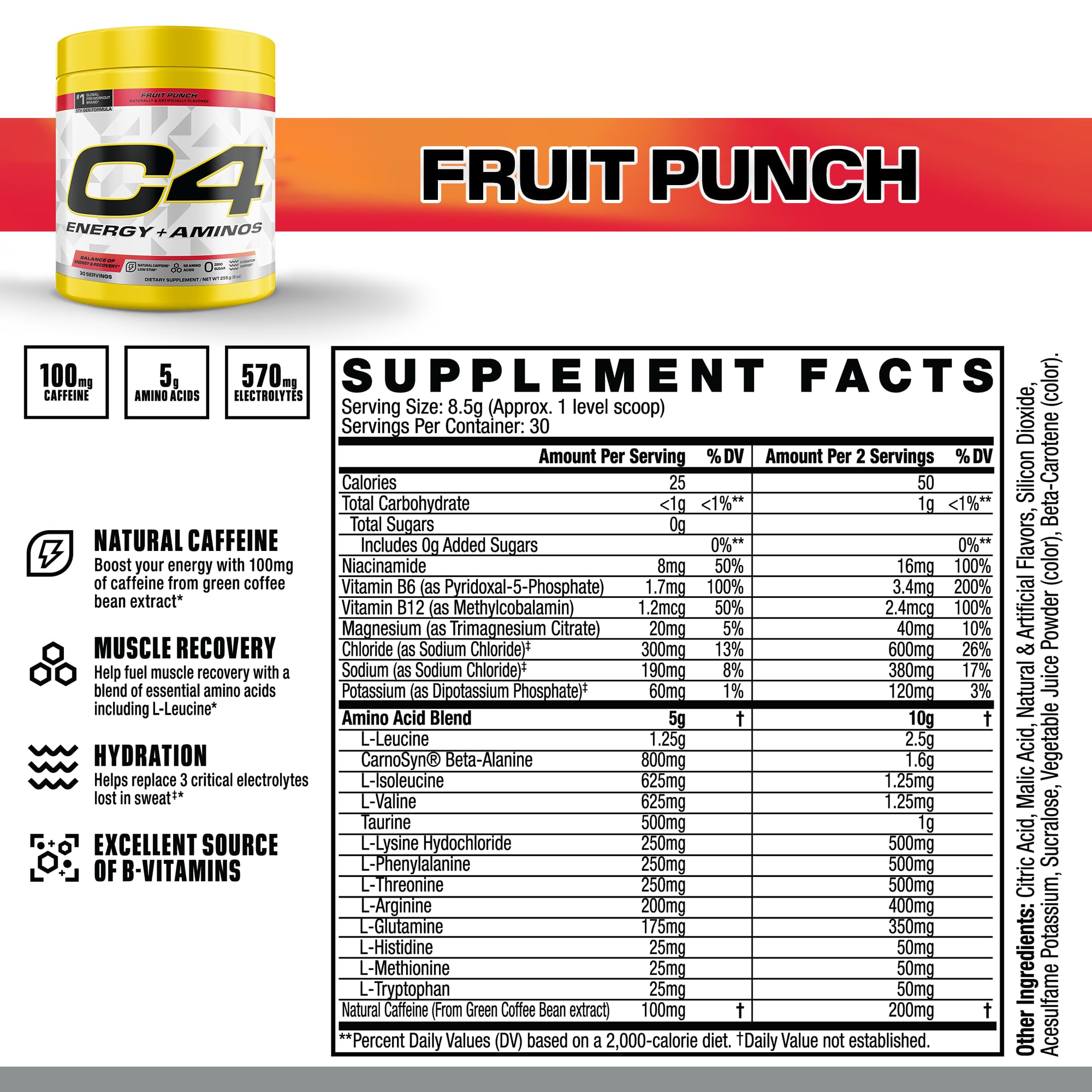 C4 Energy + Aminos 272g side view showing nutritional information