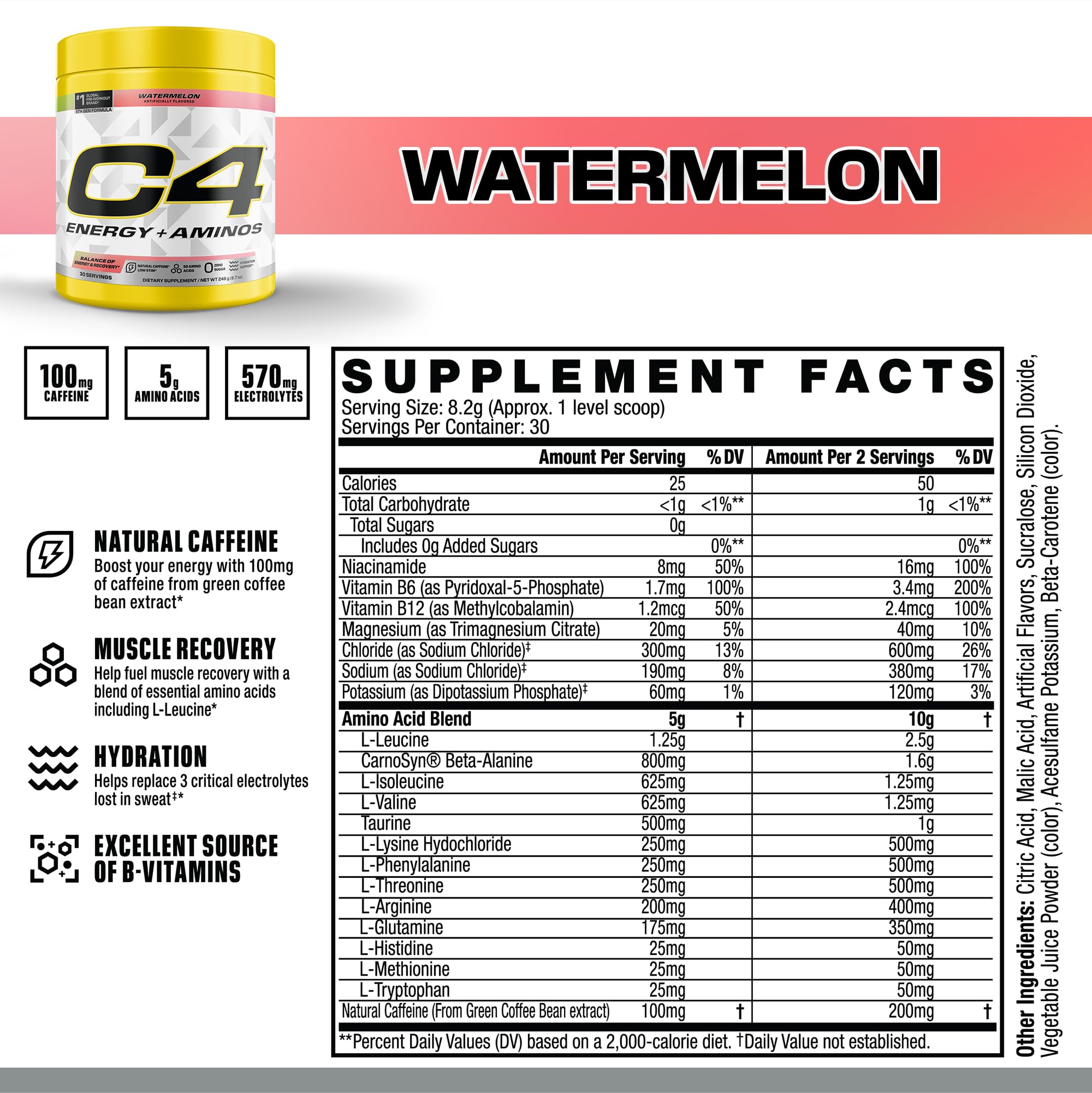C4 Energy + Aminos 272g side view showing nutritional information