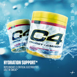 C4 Energy + Aminos 272g with a refreshing drink on a table