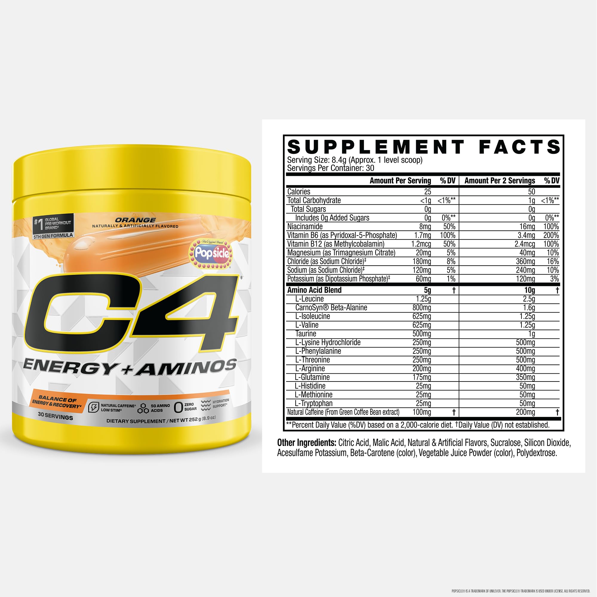 C4 Energy + Aminos x Popsicle® 293g side view showcasing the label