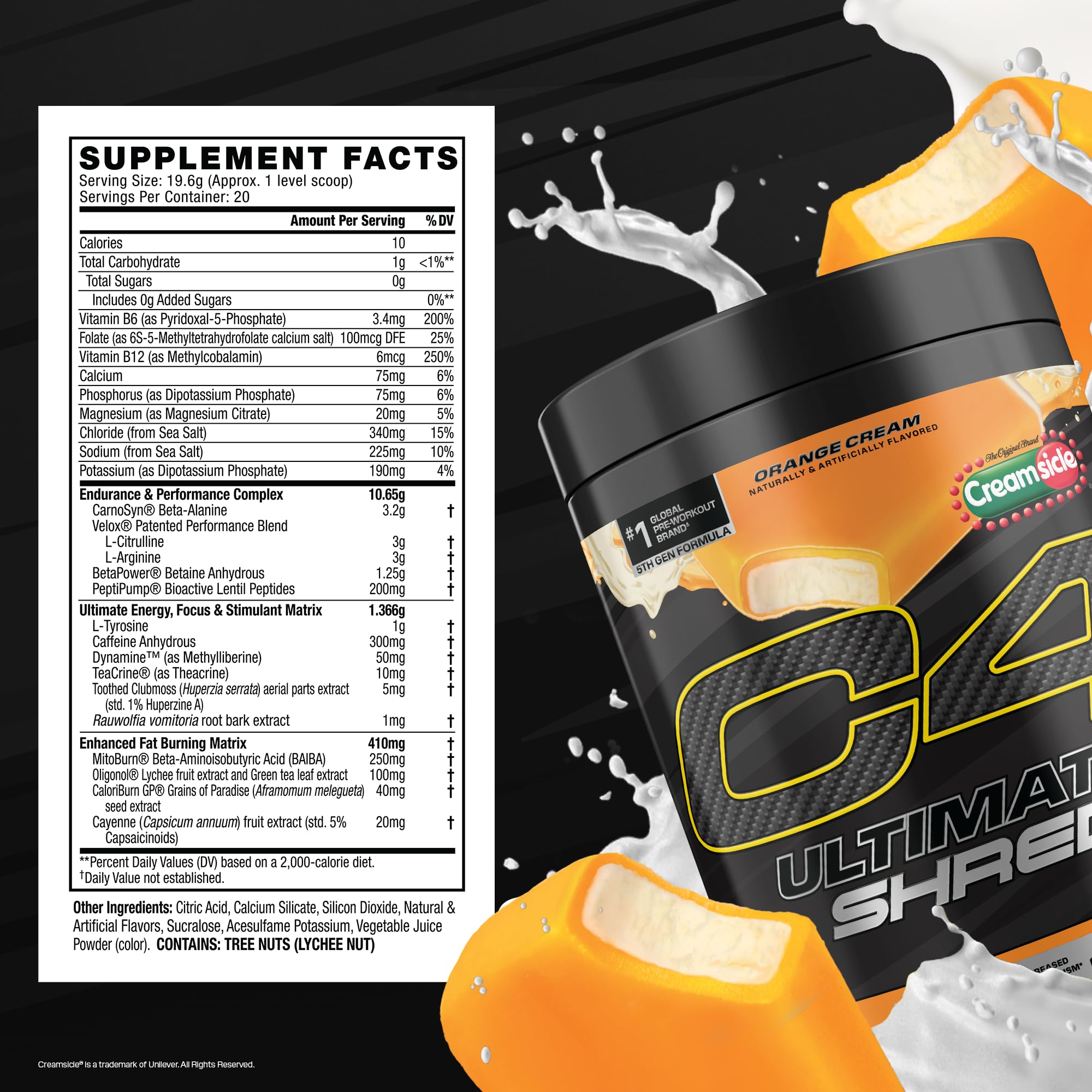 C4 Ultimate Shred Fat Burner 392g back view with ingredients