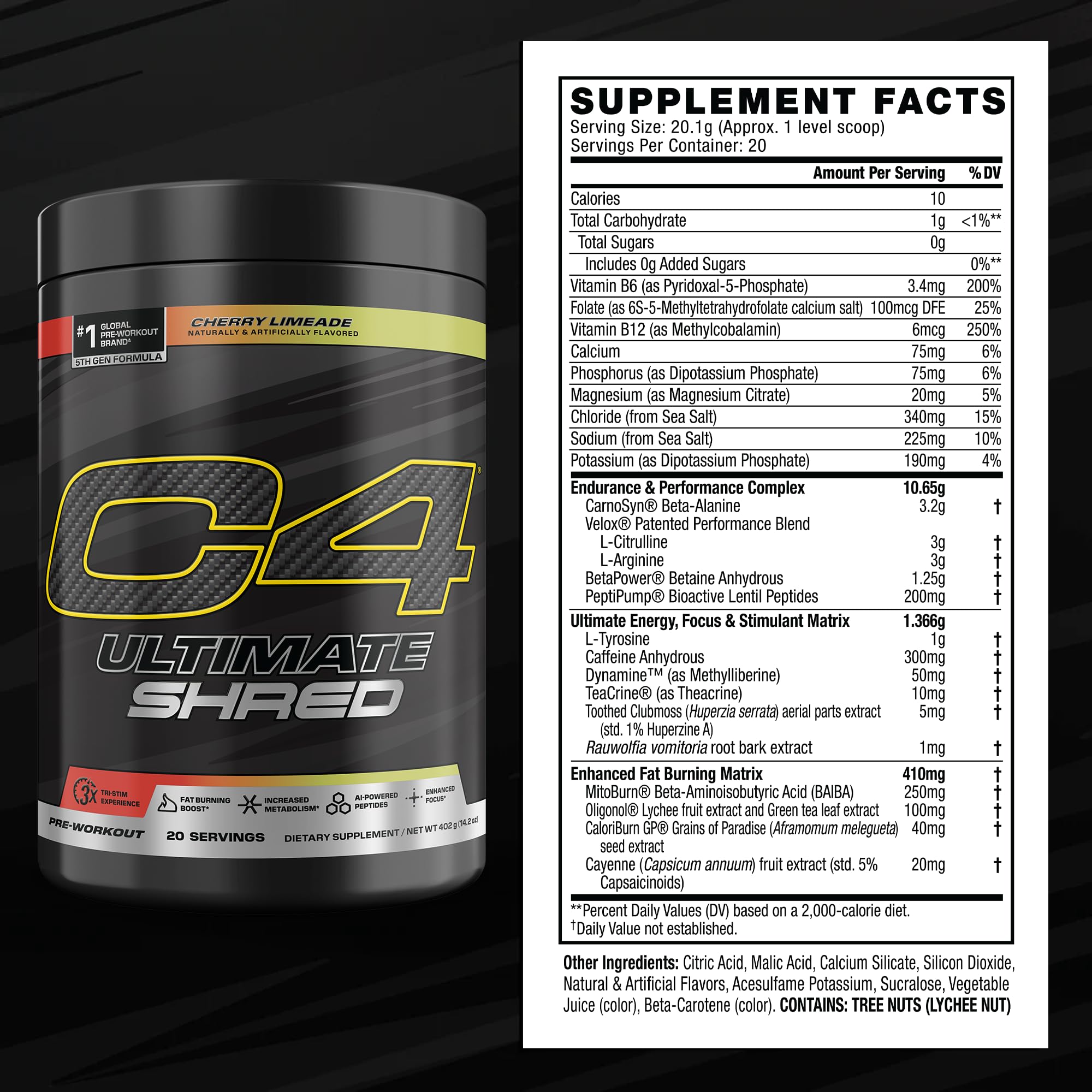 C4 Ultimate Shred Fat Burner 402g scoop with powder