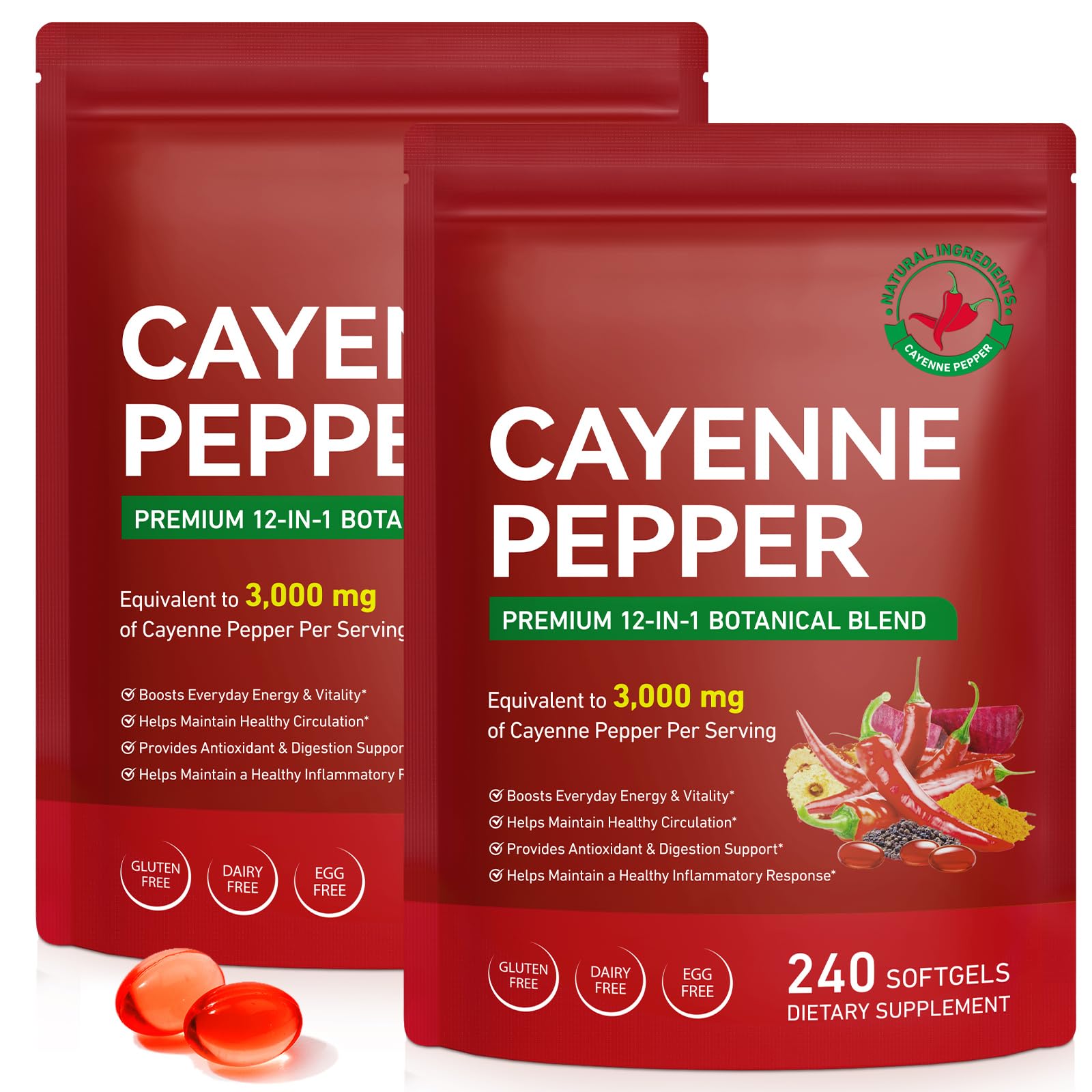 Cacukn Cayenne Pepper Supplement 12-in-1 softgel capsules front view