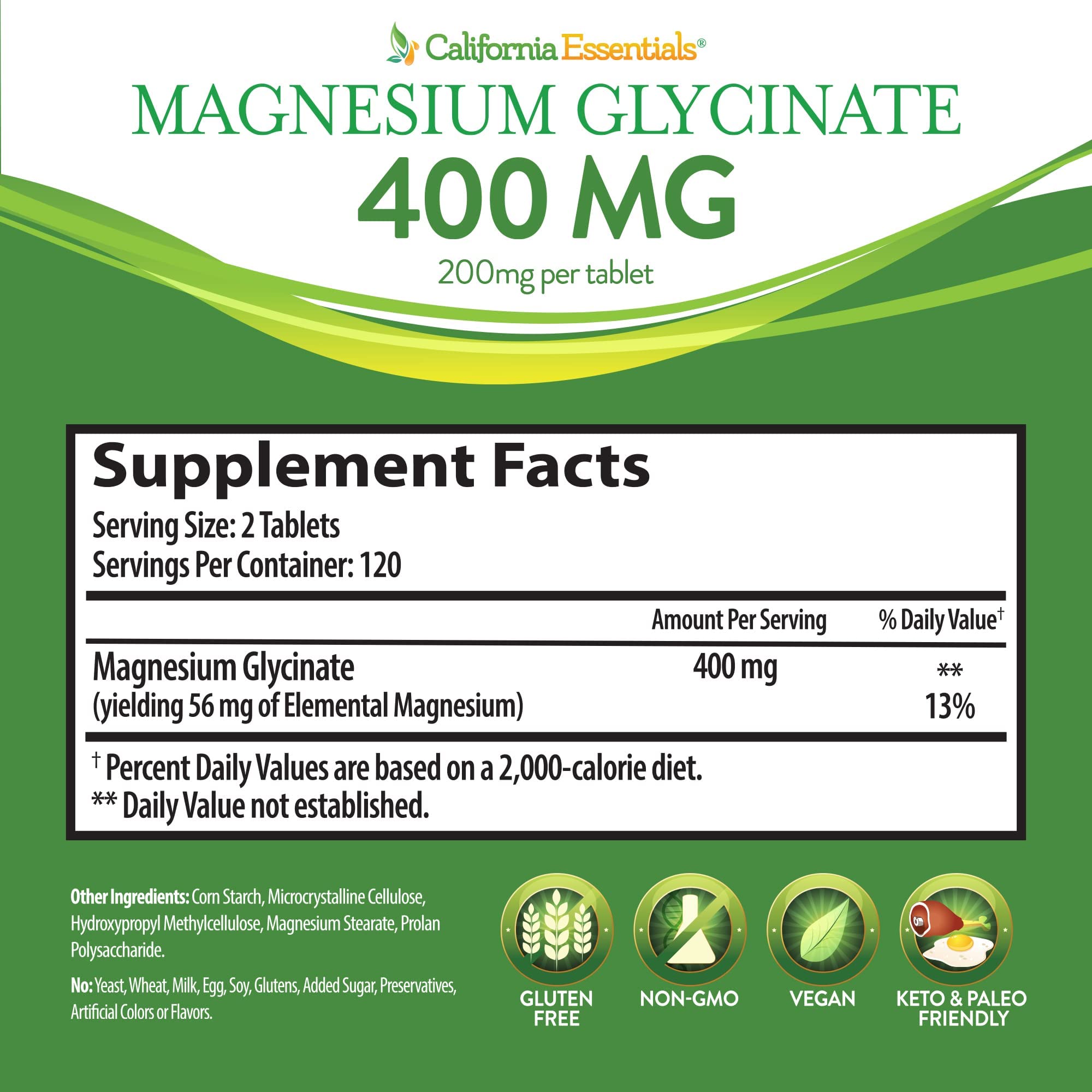 California Essentials Magnesium Glycinate 200mg tablets on a wooden surface