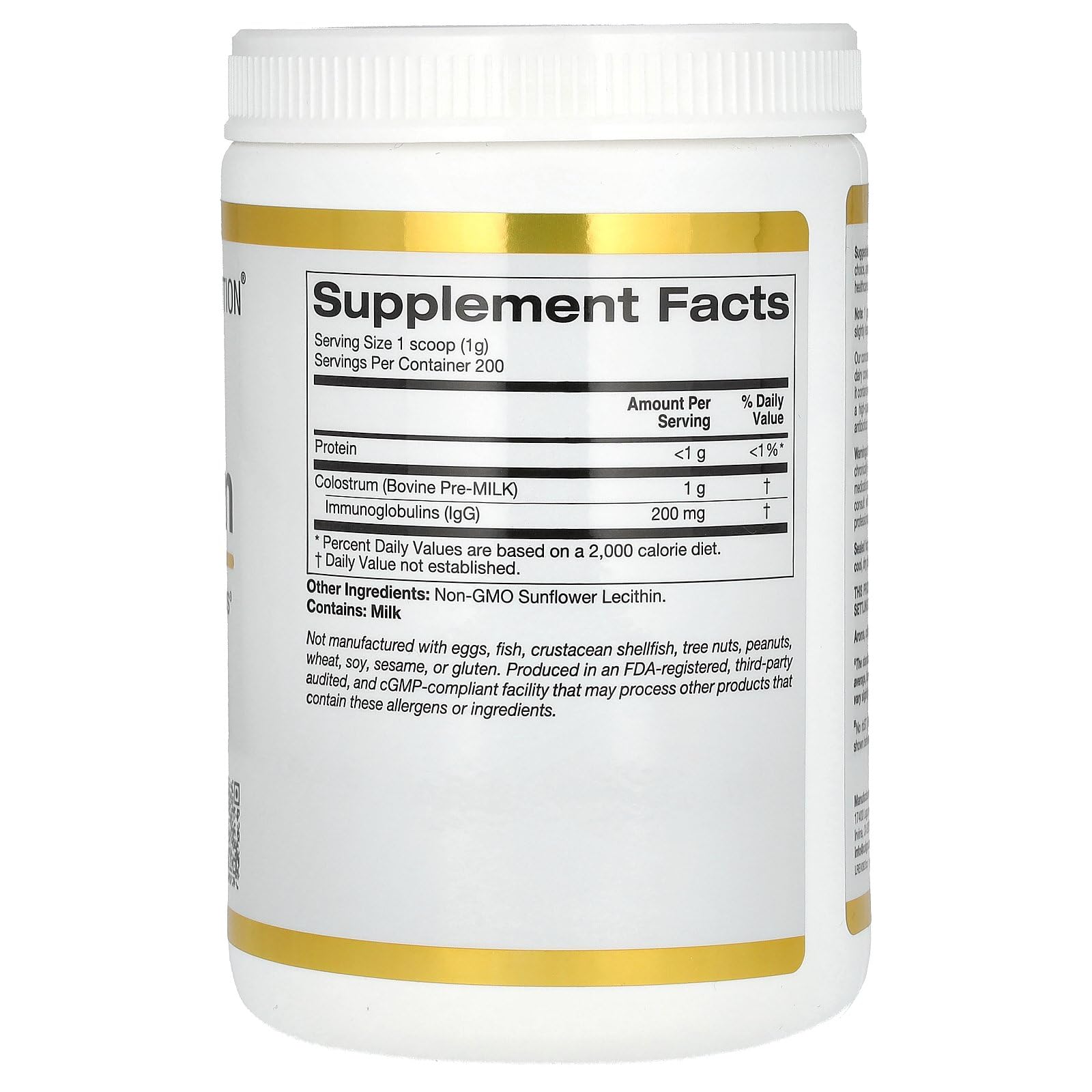 California Gold Nutrition Bovine Pre-Milk Supplement side view