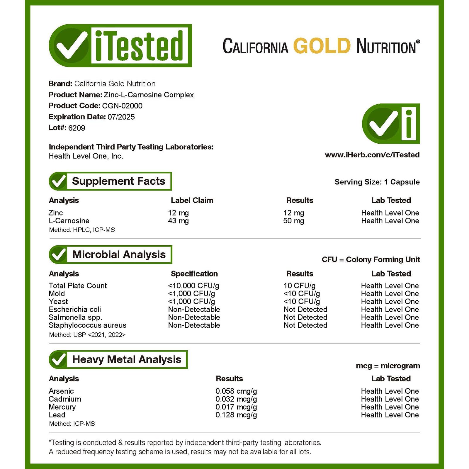 California Gold Nutrition Chelated Zinc L-Carnosine 50g capsules