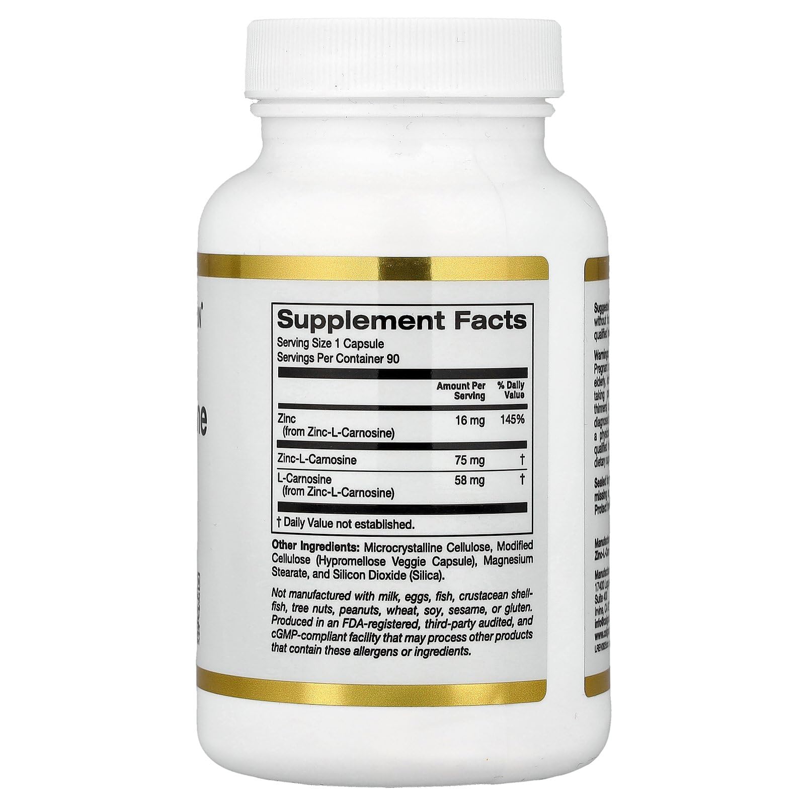 California Gold Nutrition Chelated Zinc L-Carnosine 50g side view