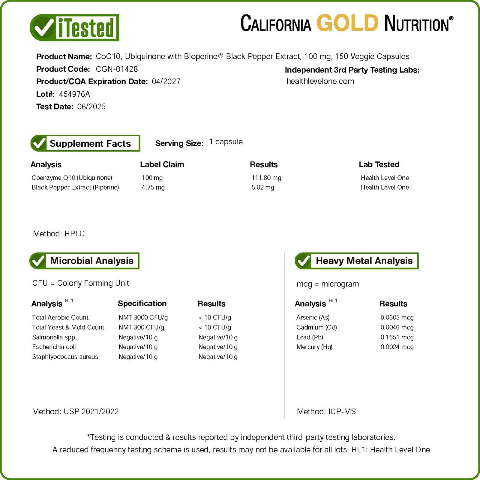 California Gold Nutrition CoQ10 100mg supplement bottle with BioPerine label
