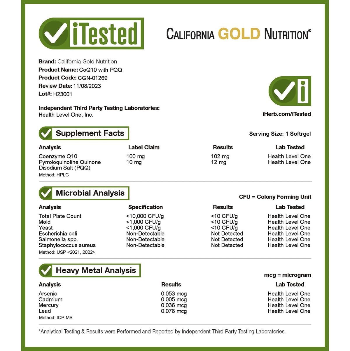 California Gold Nutrition CoQ10 45g Tapioca Veggie Softgels with a measuring spoon