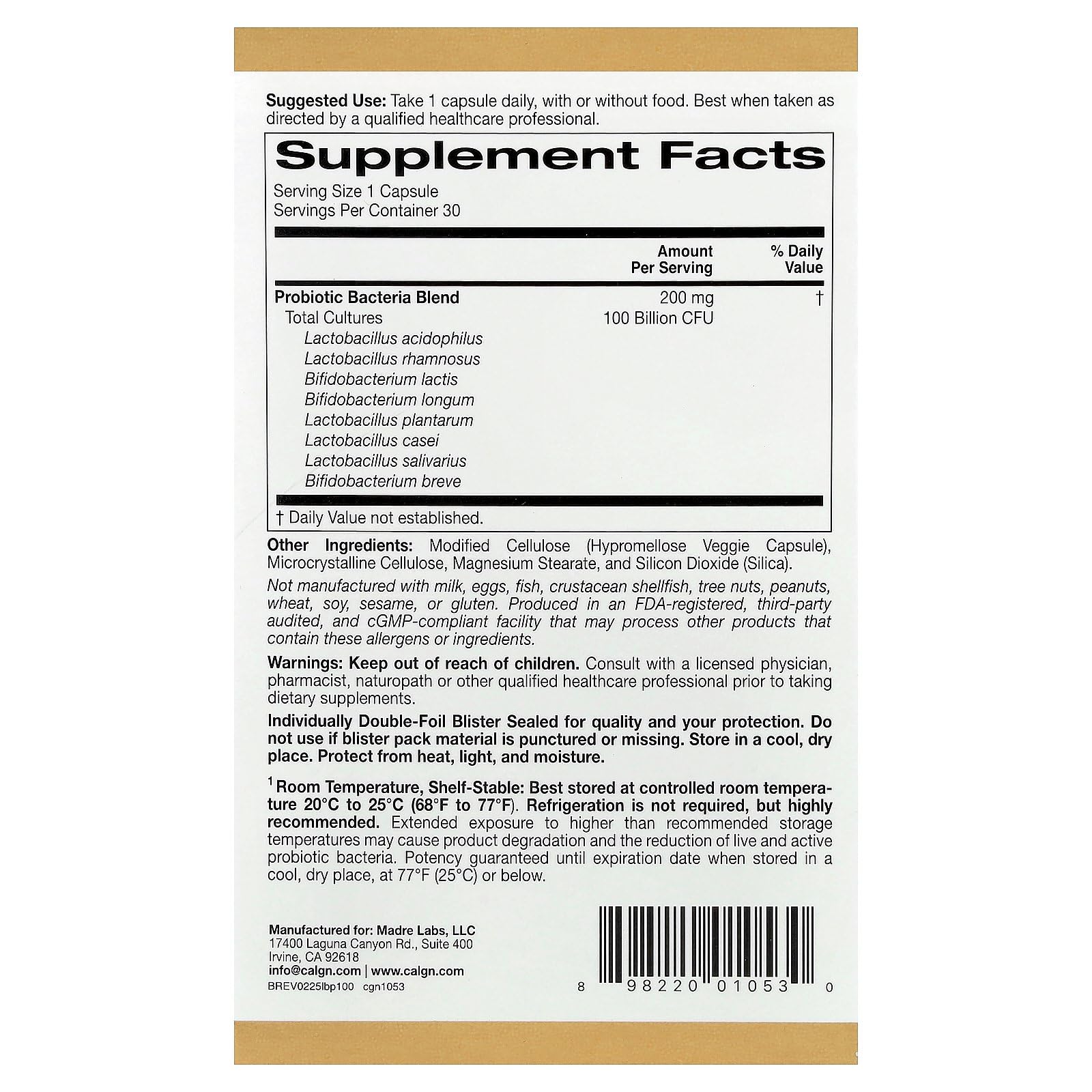California Gold Nutrition Probiotic Acidophilus capsule back view