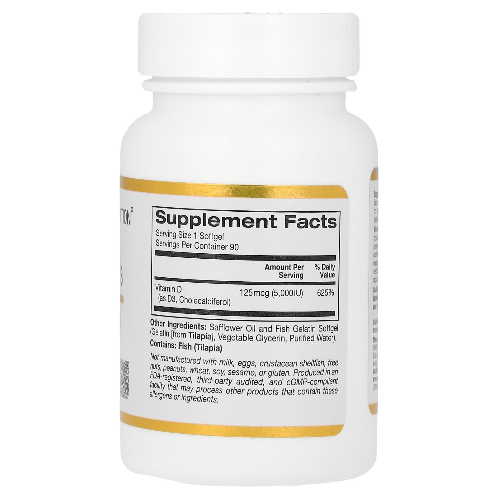 California Gold Nutrition Vitamin D3 125 mcg softgels side view