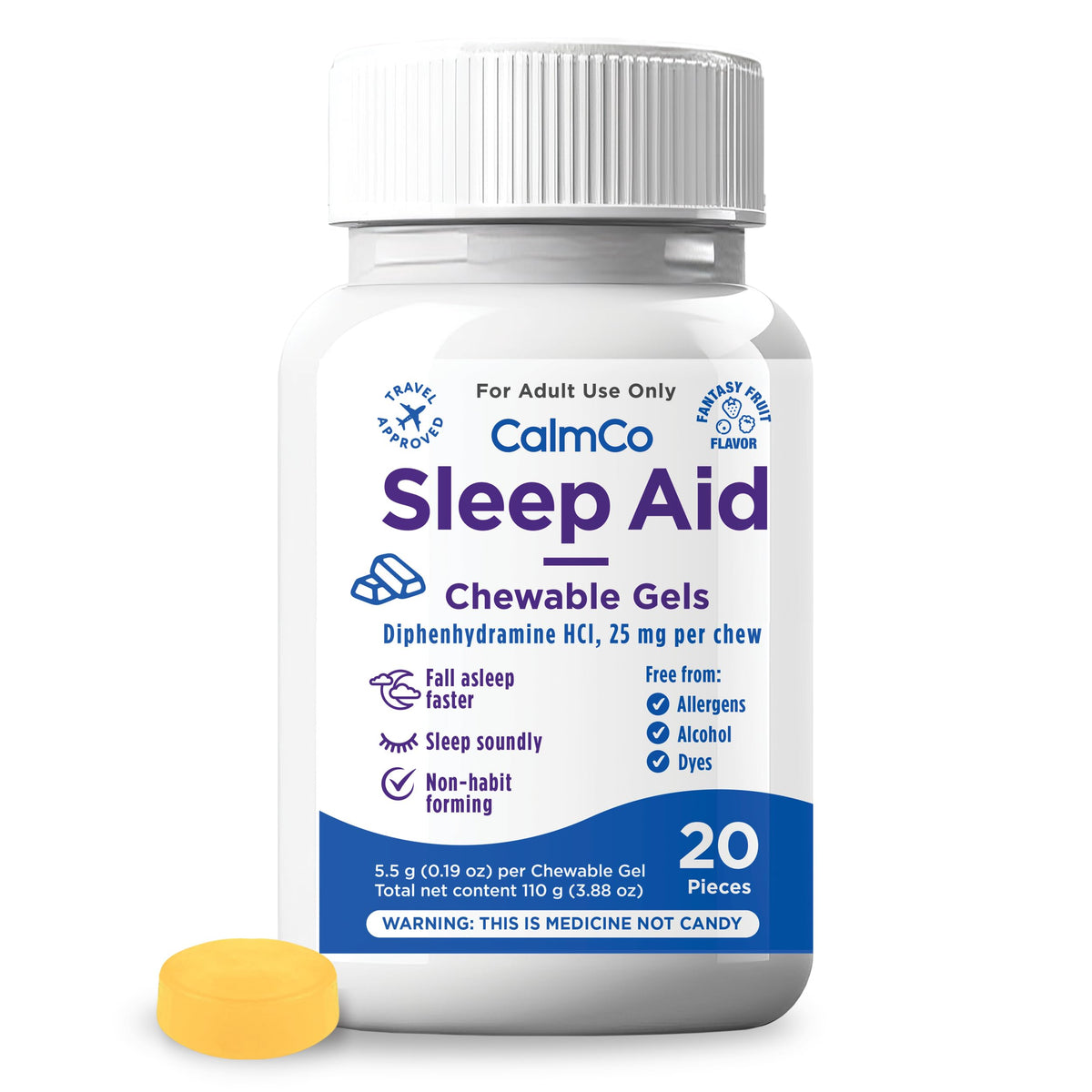 CalmCo Adult Sleep Aid Chewable Gels front view, 20 count