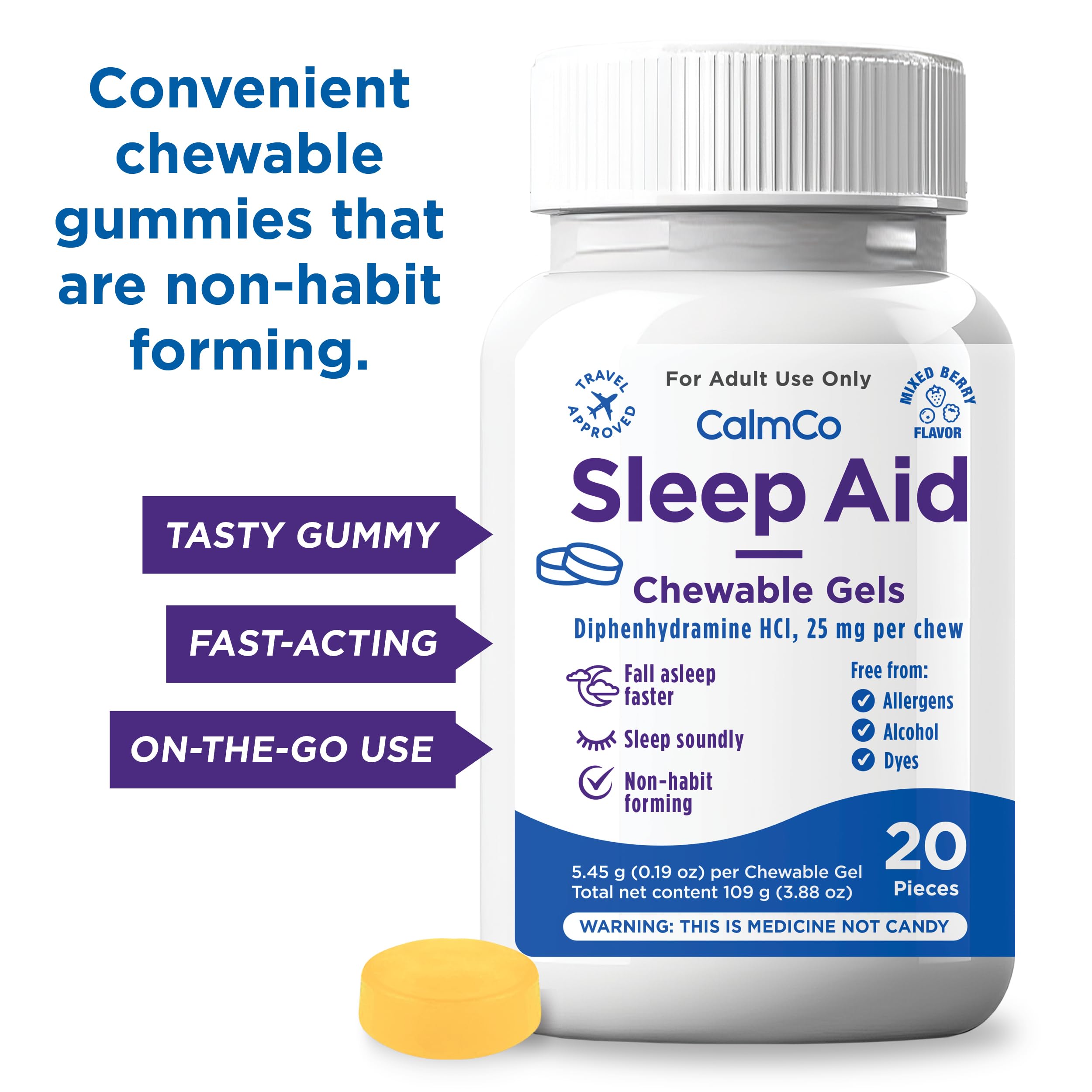 CalmCo Adult Sleep Aid Chewable Gels on a table with a glass of water