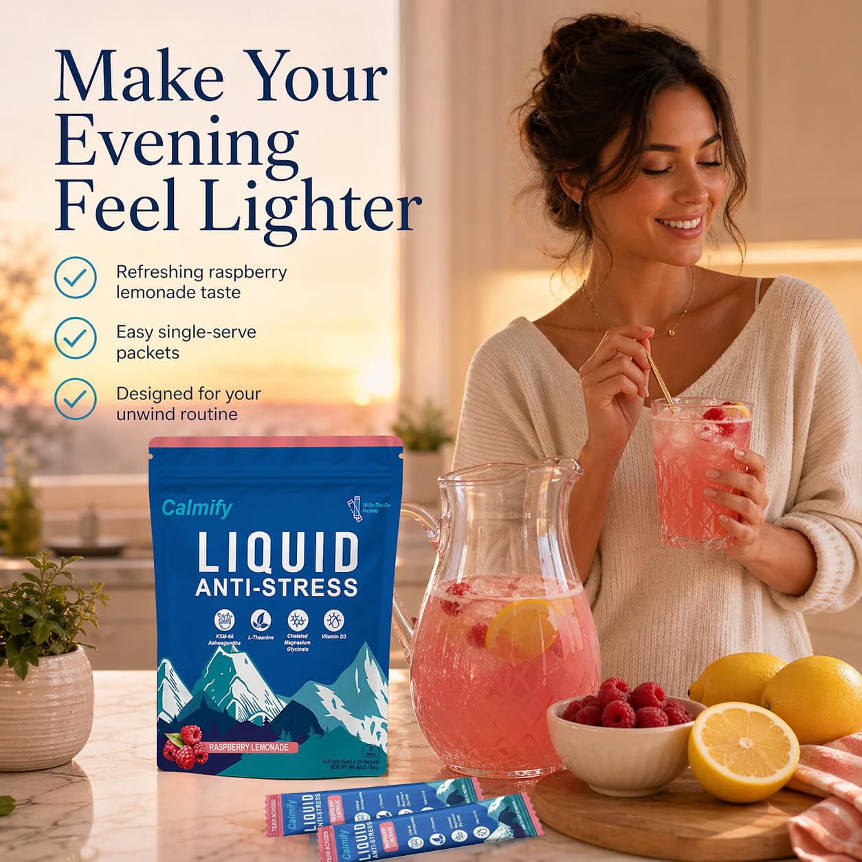 Calmify Magnesium Supplement lifestyle scene with glass of water