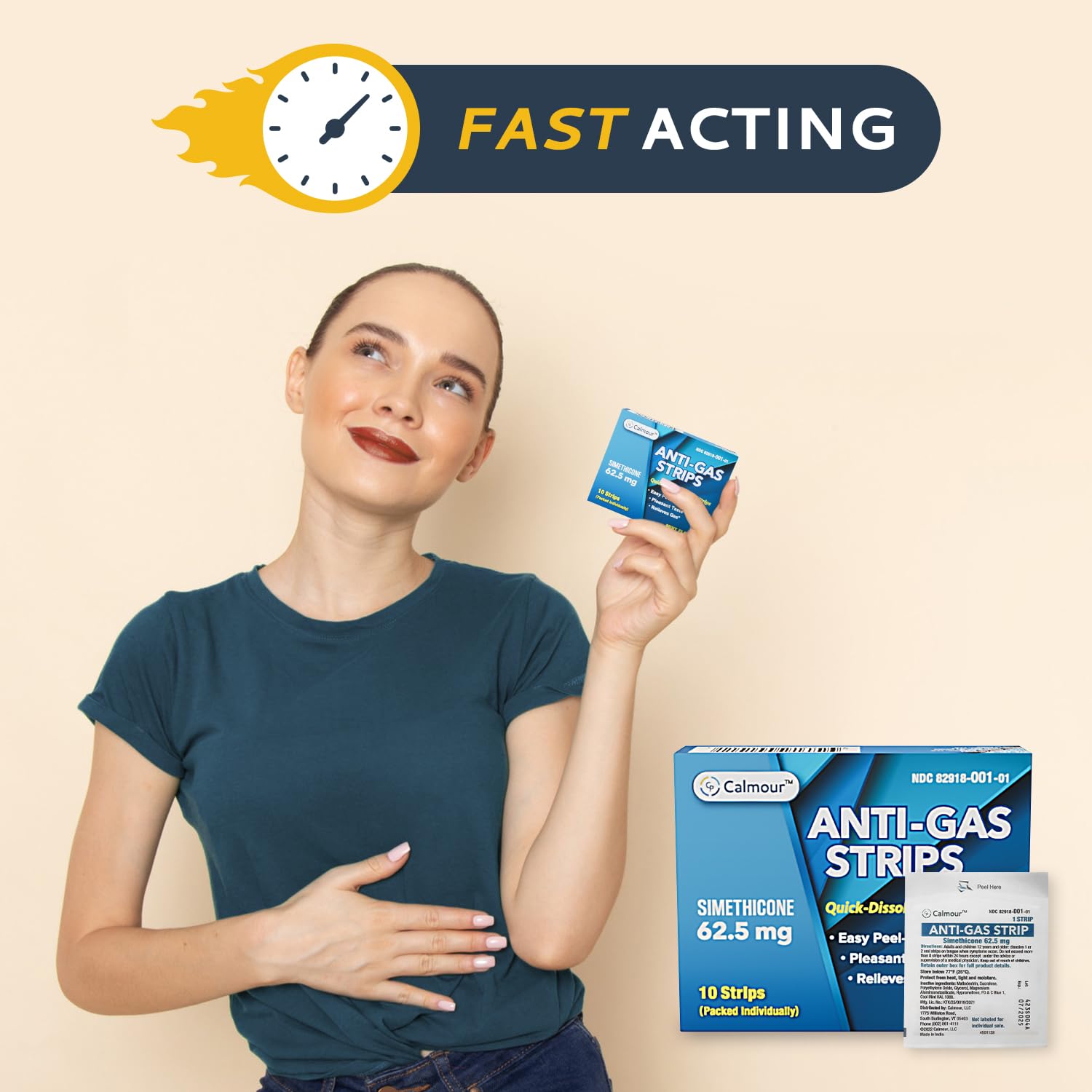 CALMOUR Anti Gas Relief Strips mint flavour strips in hand