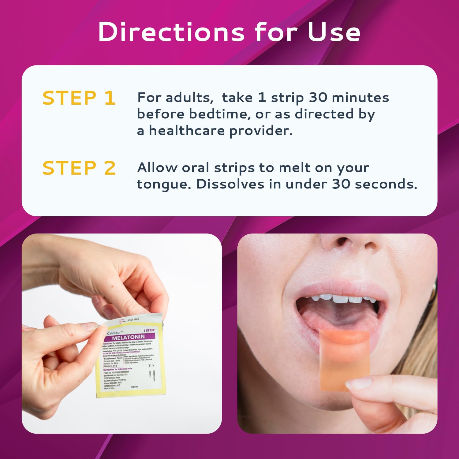 CALMOUR Melatonin Sleep Strips 30 count display