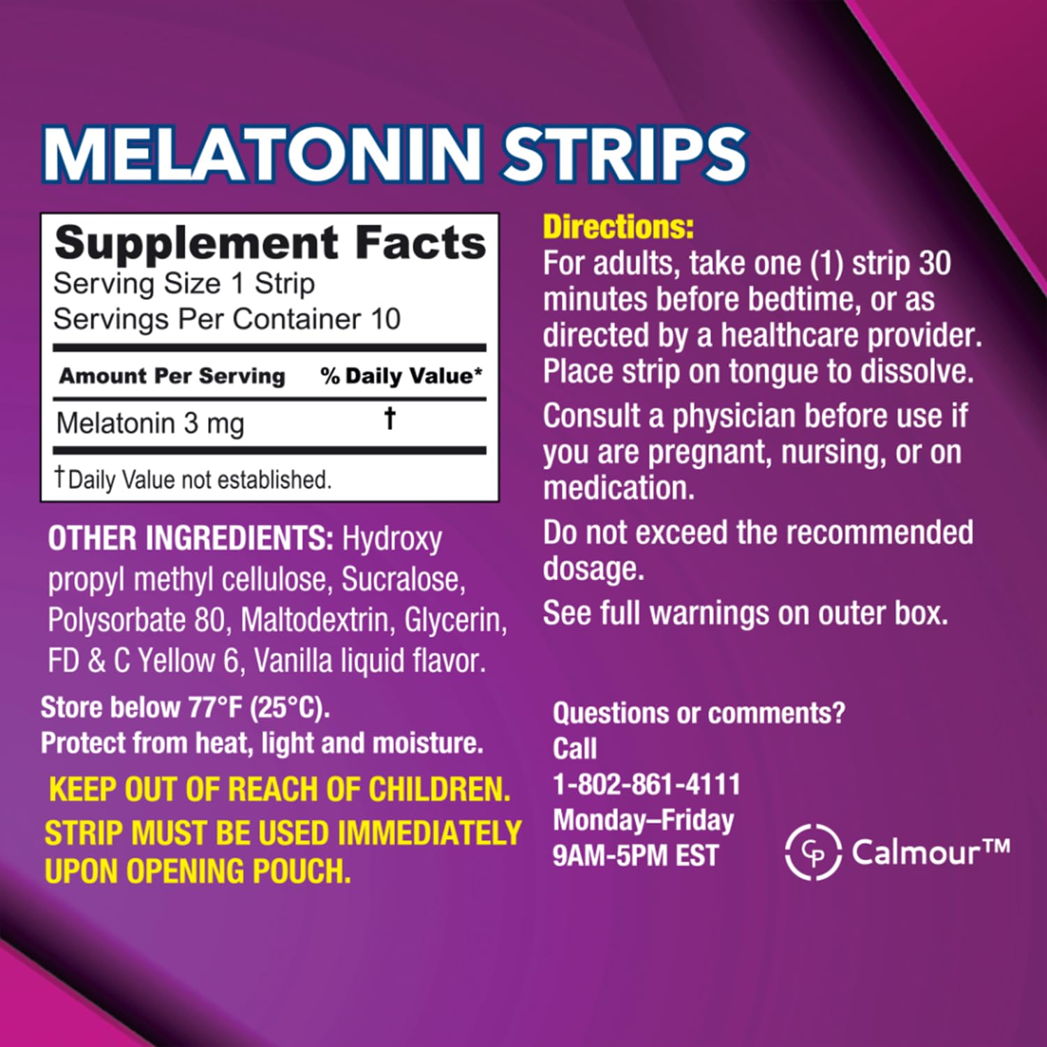 CALMOUR Melatonin Sleep Strips displayed with other supplements