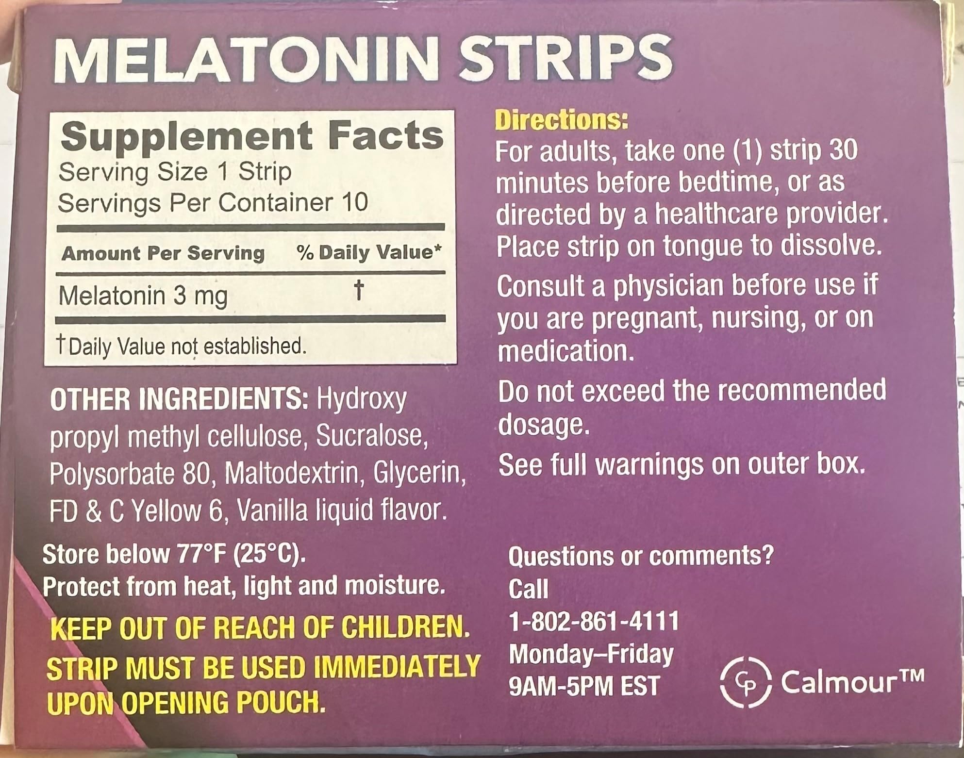 CALMOUR Melatonin Strips 3mg back packaging view