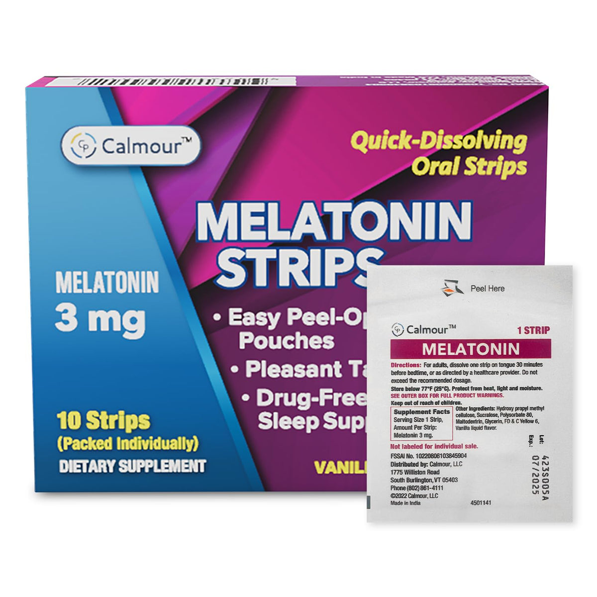 CALMOUR Melatonin Strips 3mg front packaging view