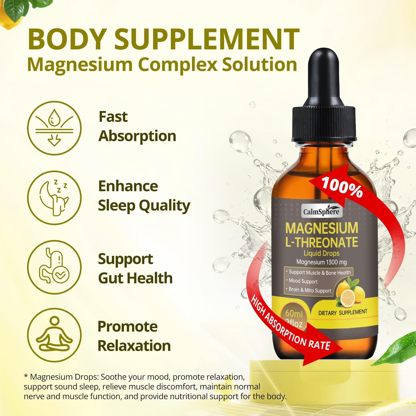 CalmSphere Magnesium L-Threonate Liquid Drops 1300mg bottle side view