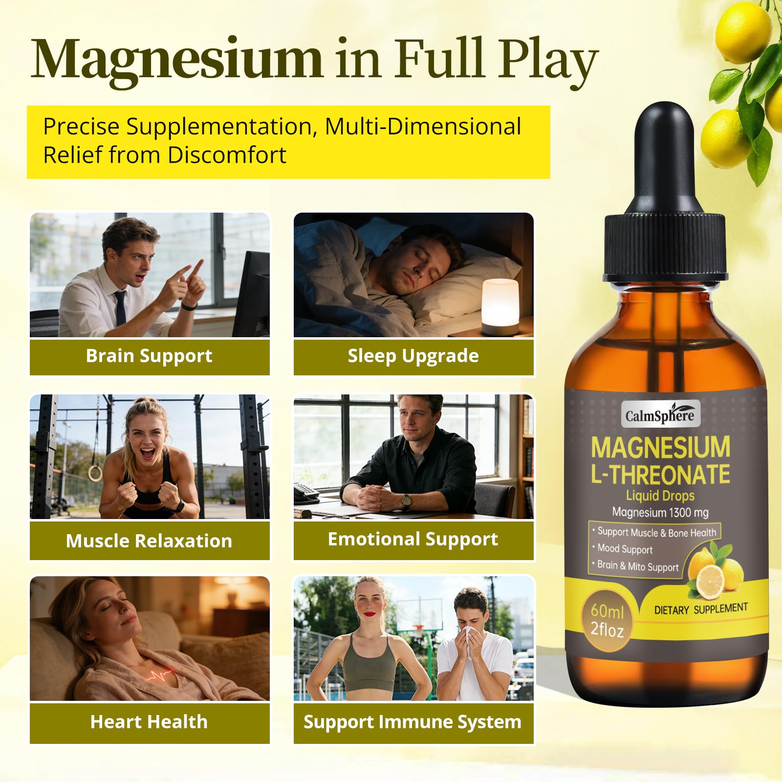 CalmSphere Magnesium L-Threonate Liquid Drops 1300mg with ingredients list