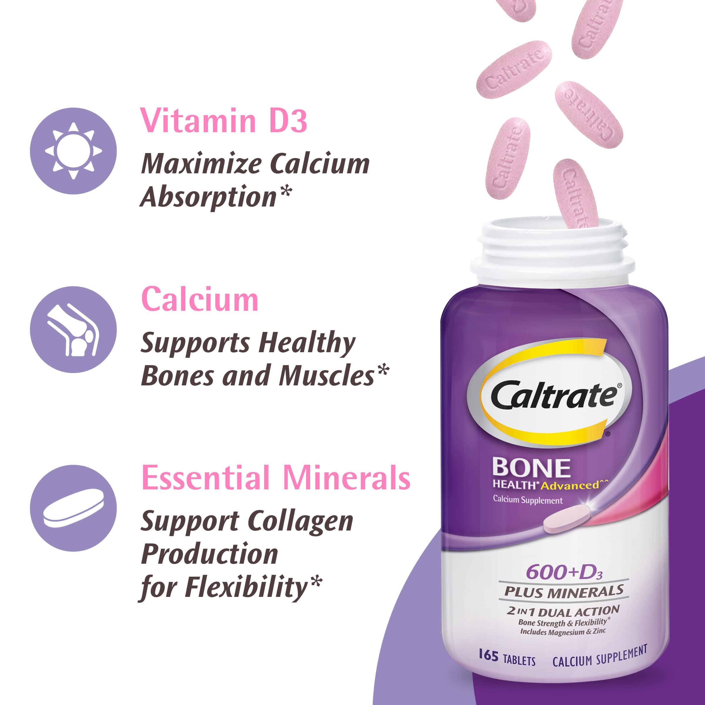 Caltrate 600 Plus D3 Plus Minerals Calcium Supplement Tablets bottle with a measuring spoon