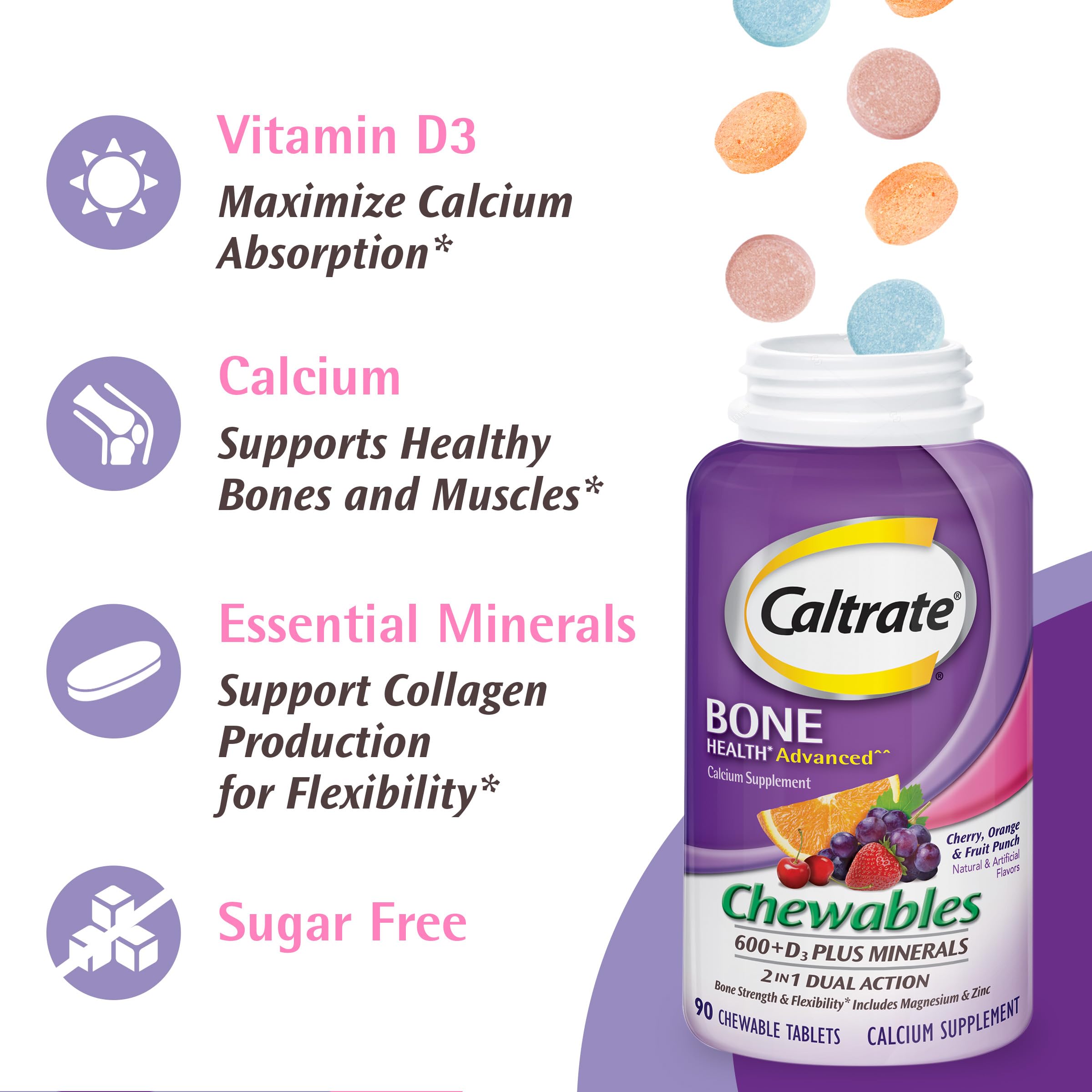 Caltrate Chewables 600+D3 Plus Minerals bottle side view