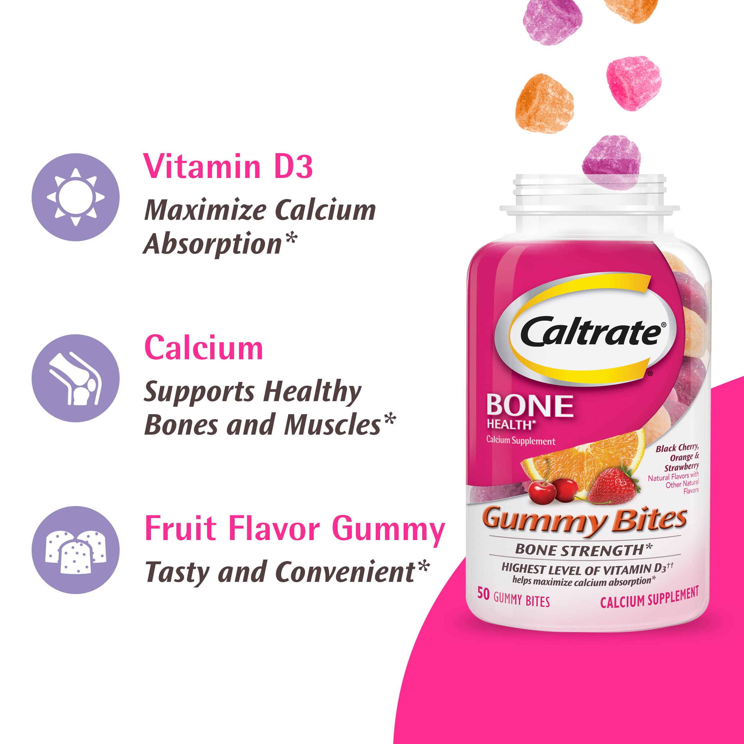 Caltrate Gummy Bites 500 mg Calcium and Vitamin D gummy bites on a table