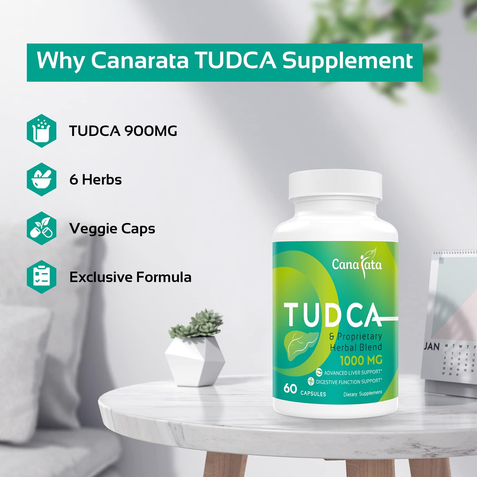 Canarata TUDCA Complex Milk Thistle 1000mg capsules on a wooden table