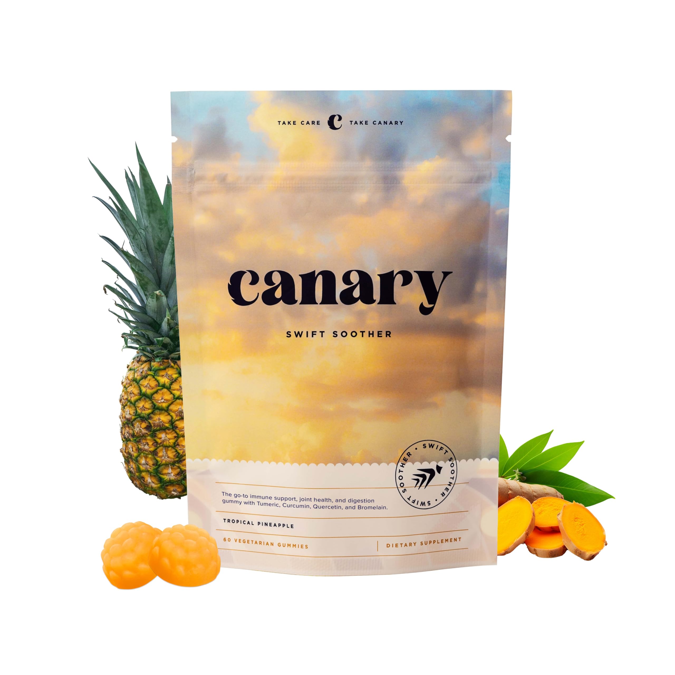 Canary Swift Soother Turmeric Gummies front view with packaging