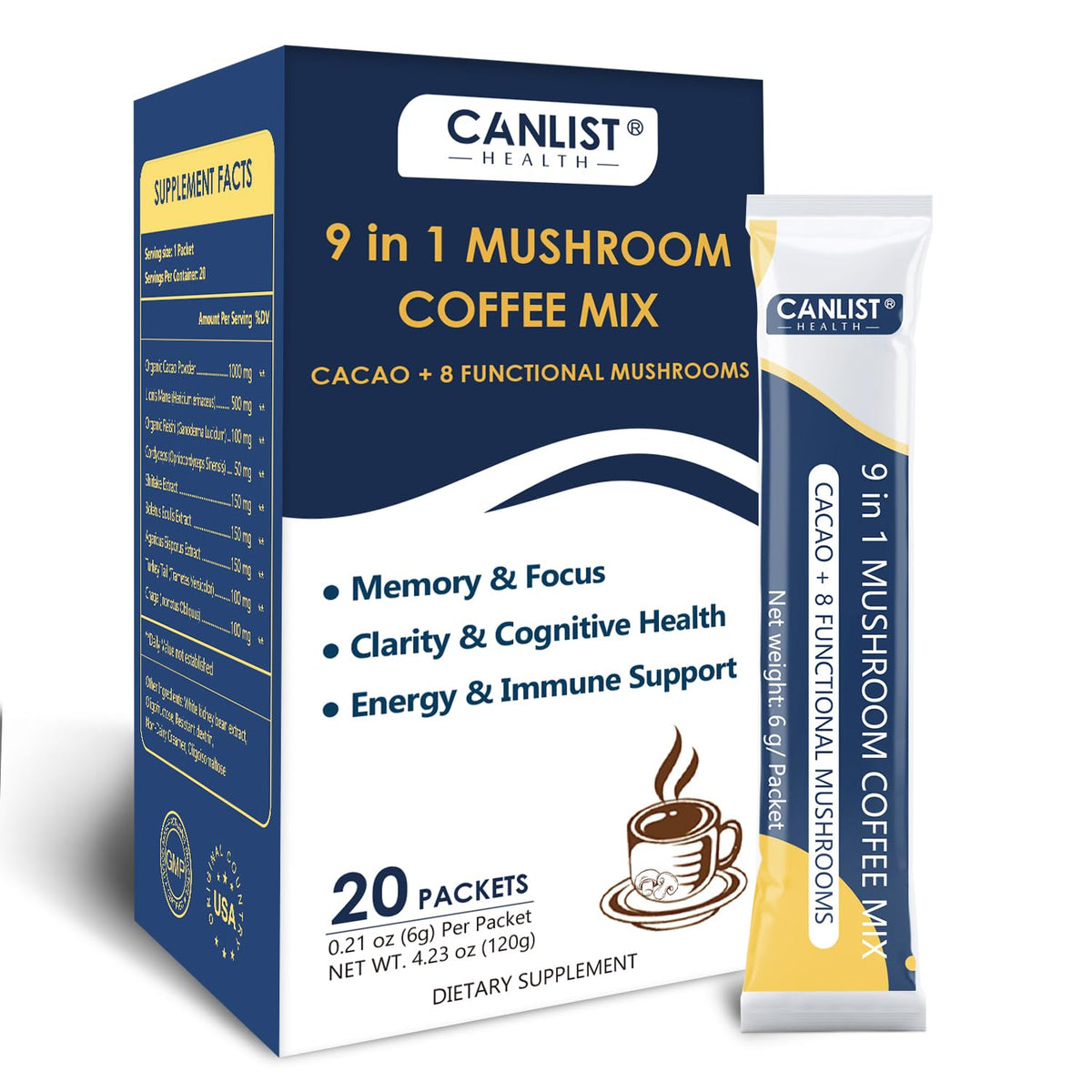 CANLIST 9 in 1 Mushroom Coffee Powder front view packaging