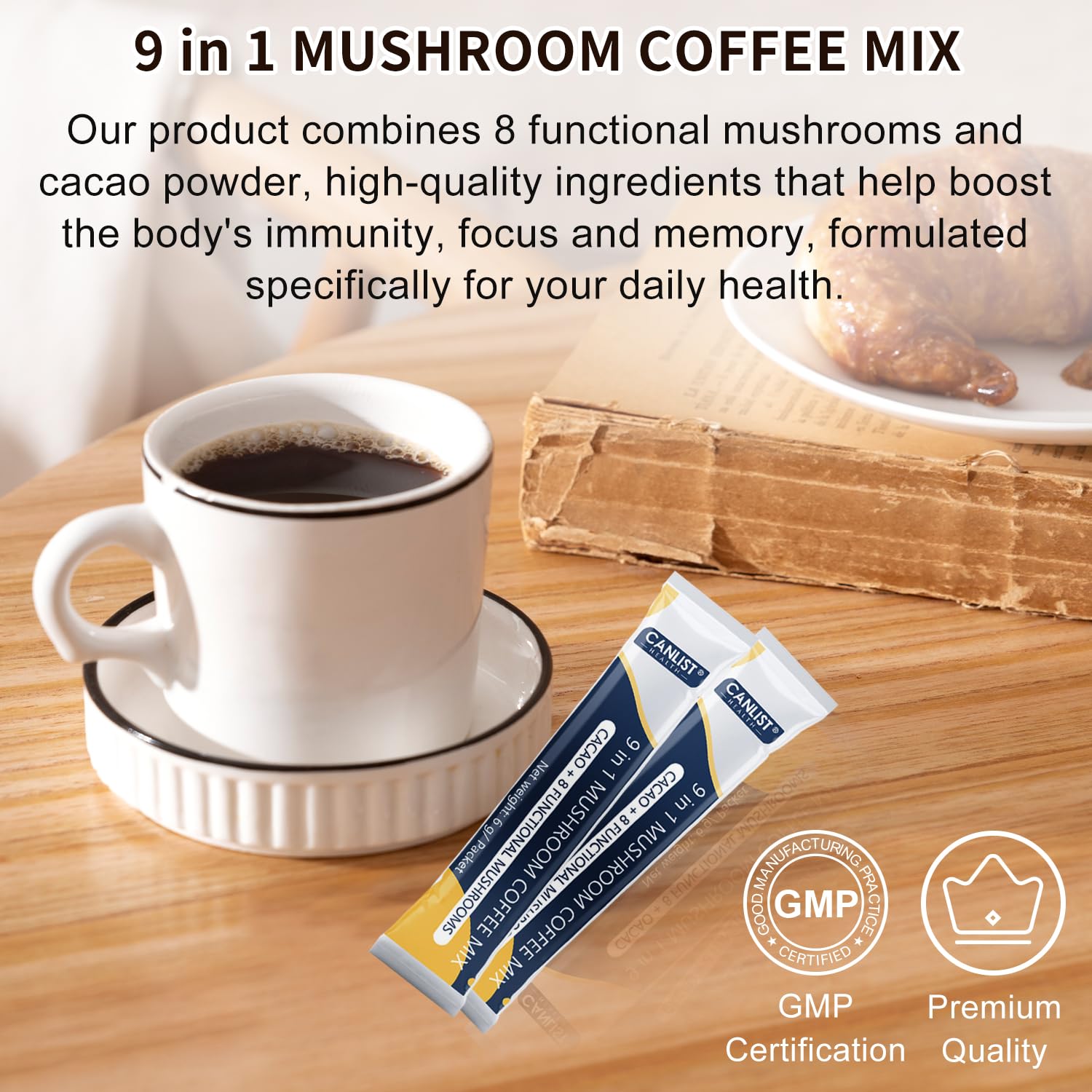 CANLIST 9 in 1 Mushroom Coffee Powder packaging with mushrooms and cacao