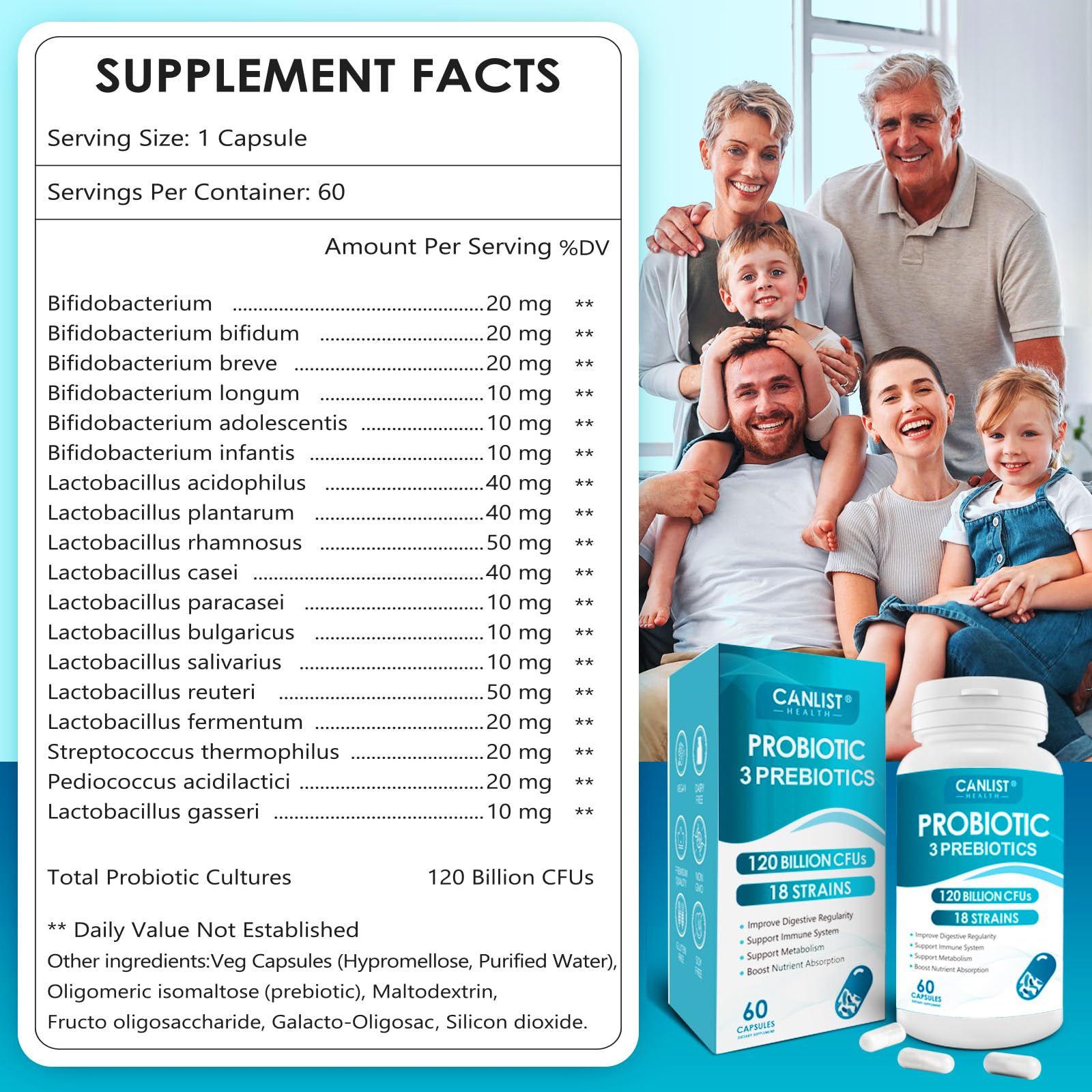 CANLIST Probiotics 120 Billion CFUs 18 Strains bottle with label