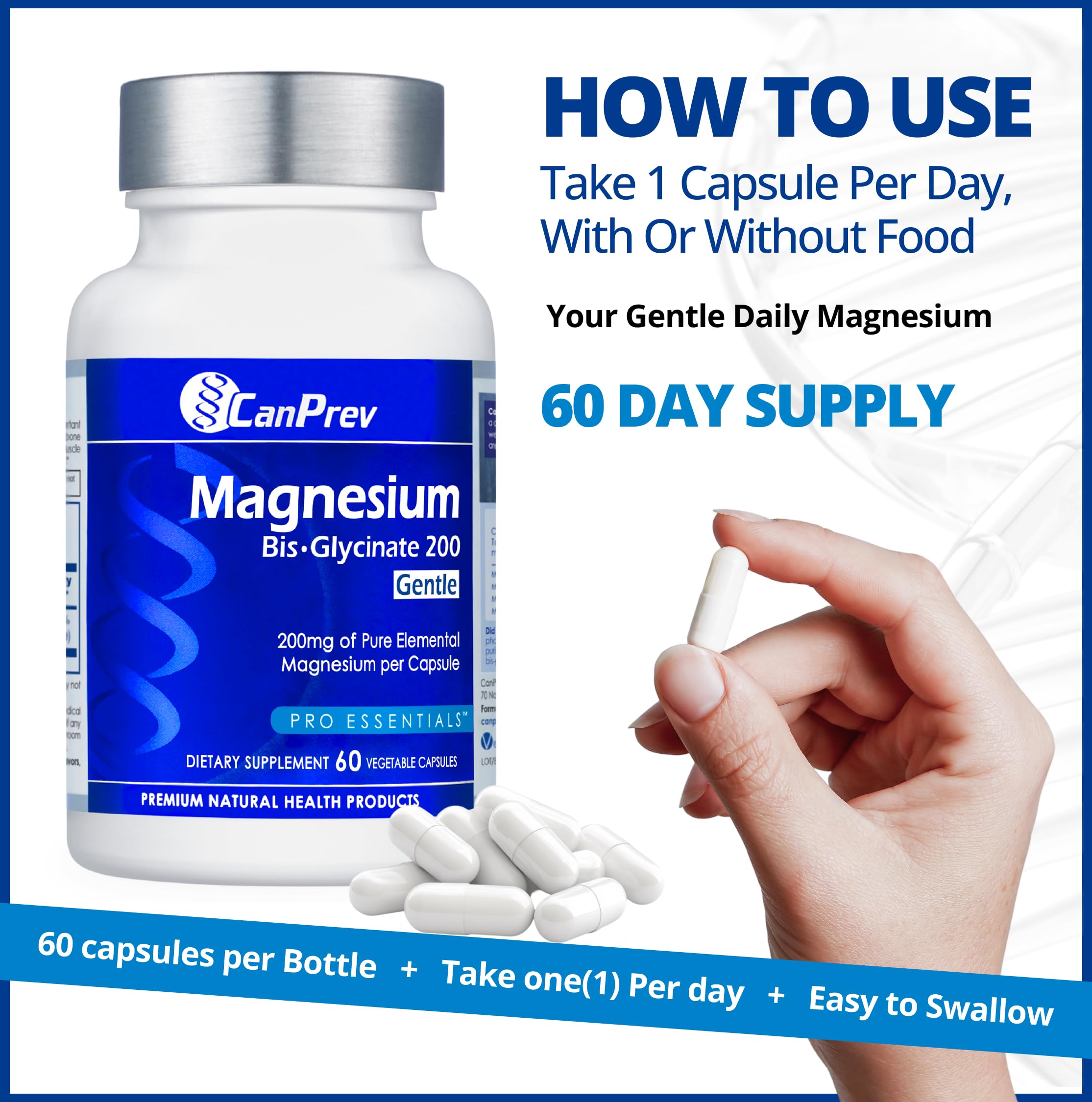 CanPrev Magnesium BisGlycinate 200mg capsules in a hand