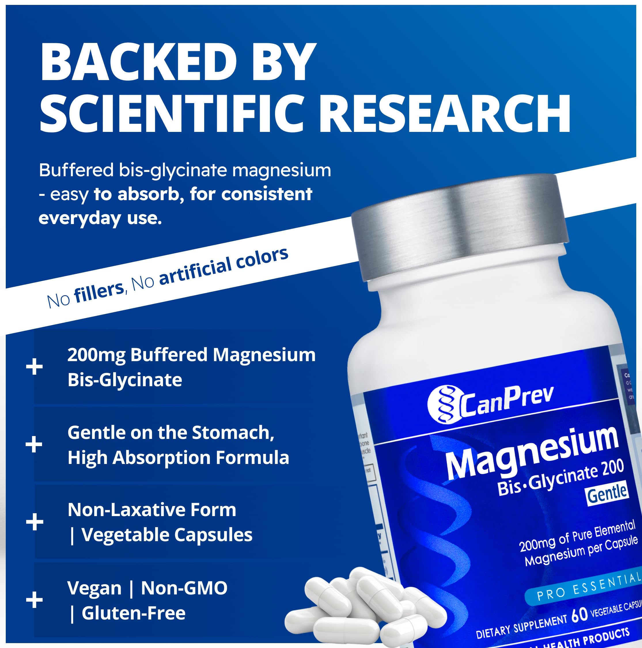 CanPrev Magnesium BisGlycinate 200mg capsules on a wooden surface