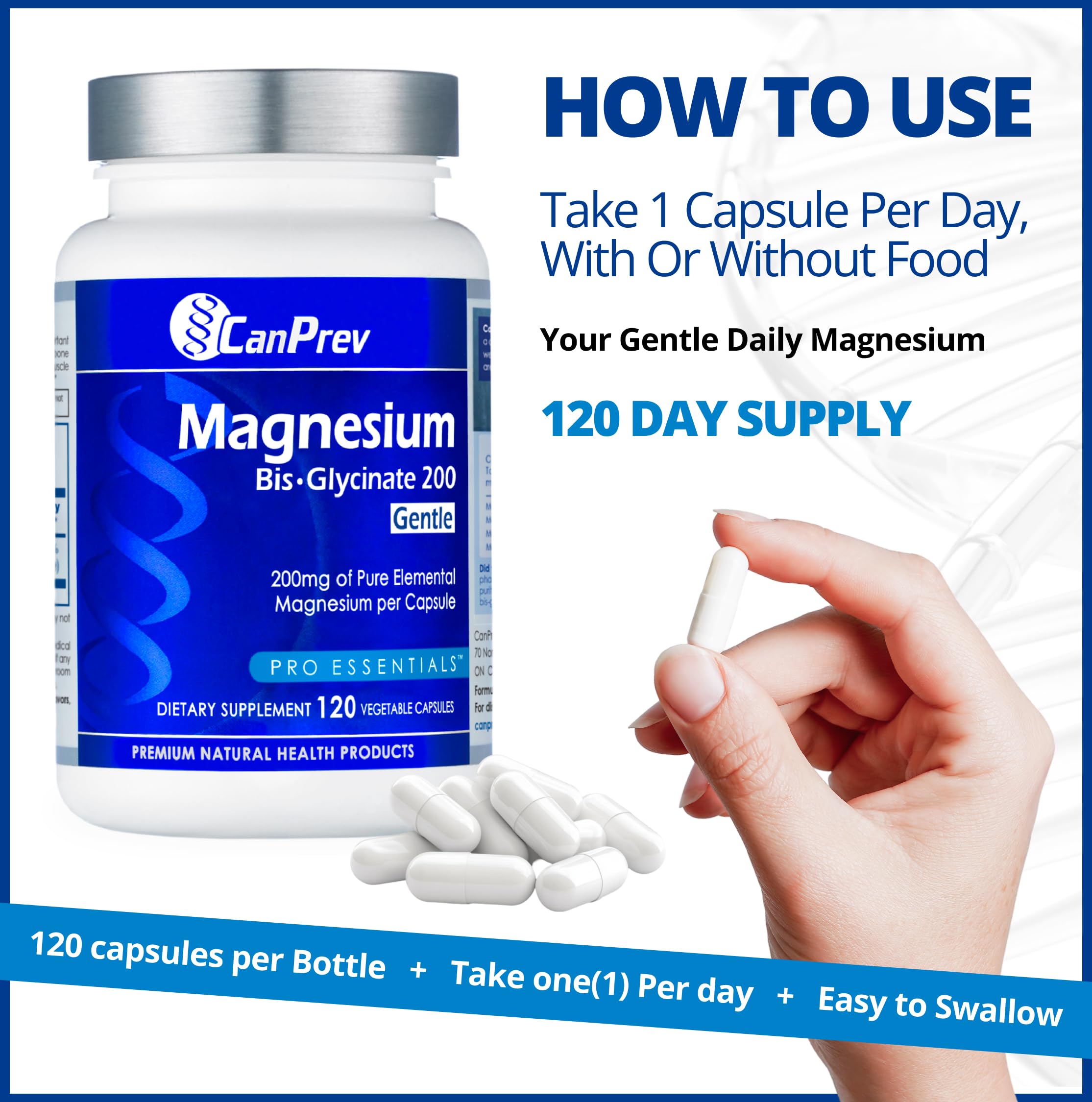 CanPrev Magnesium BisGlycinate 200mg capsules on a wooden table