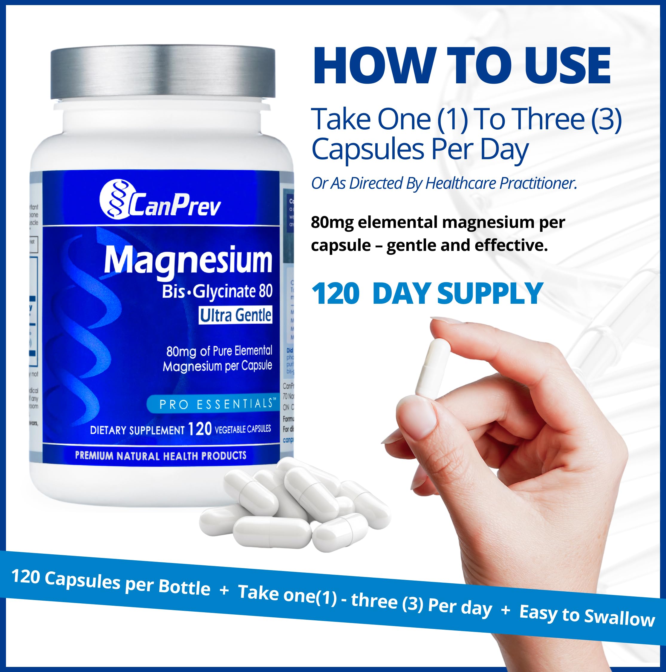 CanPrev Magnesium Glycinate Capsules 80mg on a wooden table