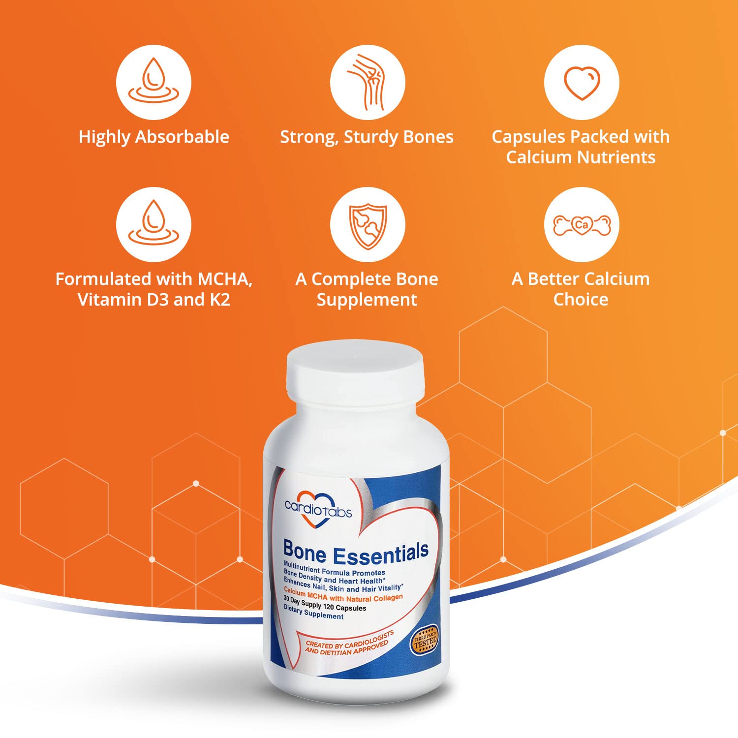 CardioTabs Bone Essentials Calcium Supplement bottle with capsules on a table