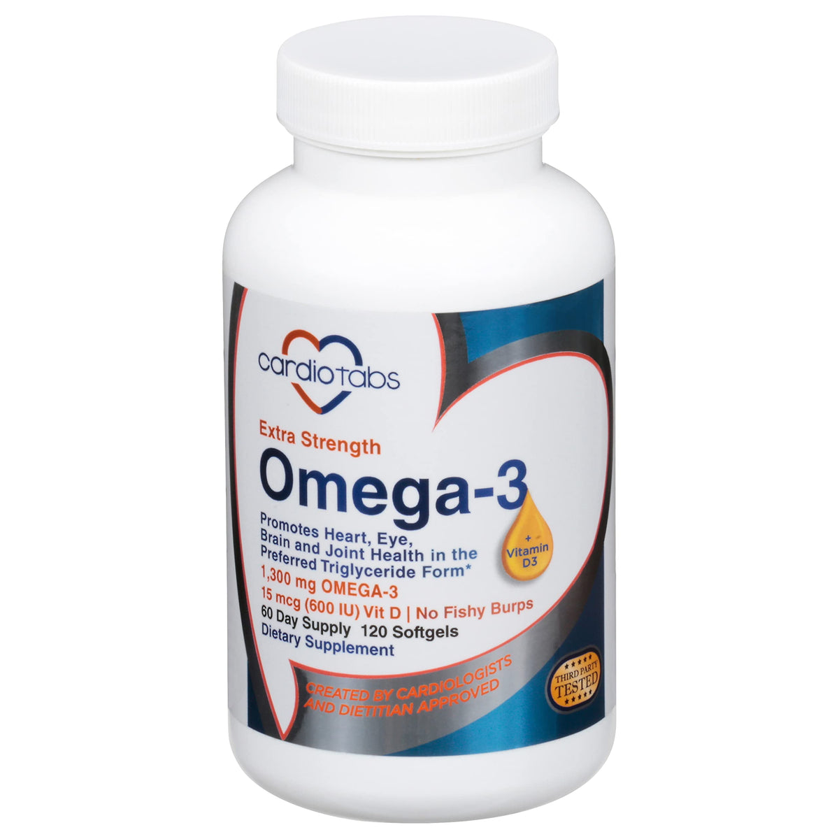 CardioTabs Extra Strength Omega-3 + Vitamin D3 softgel bottle front view