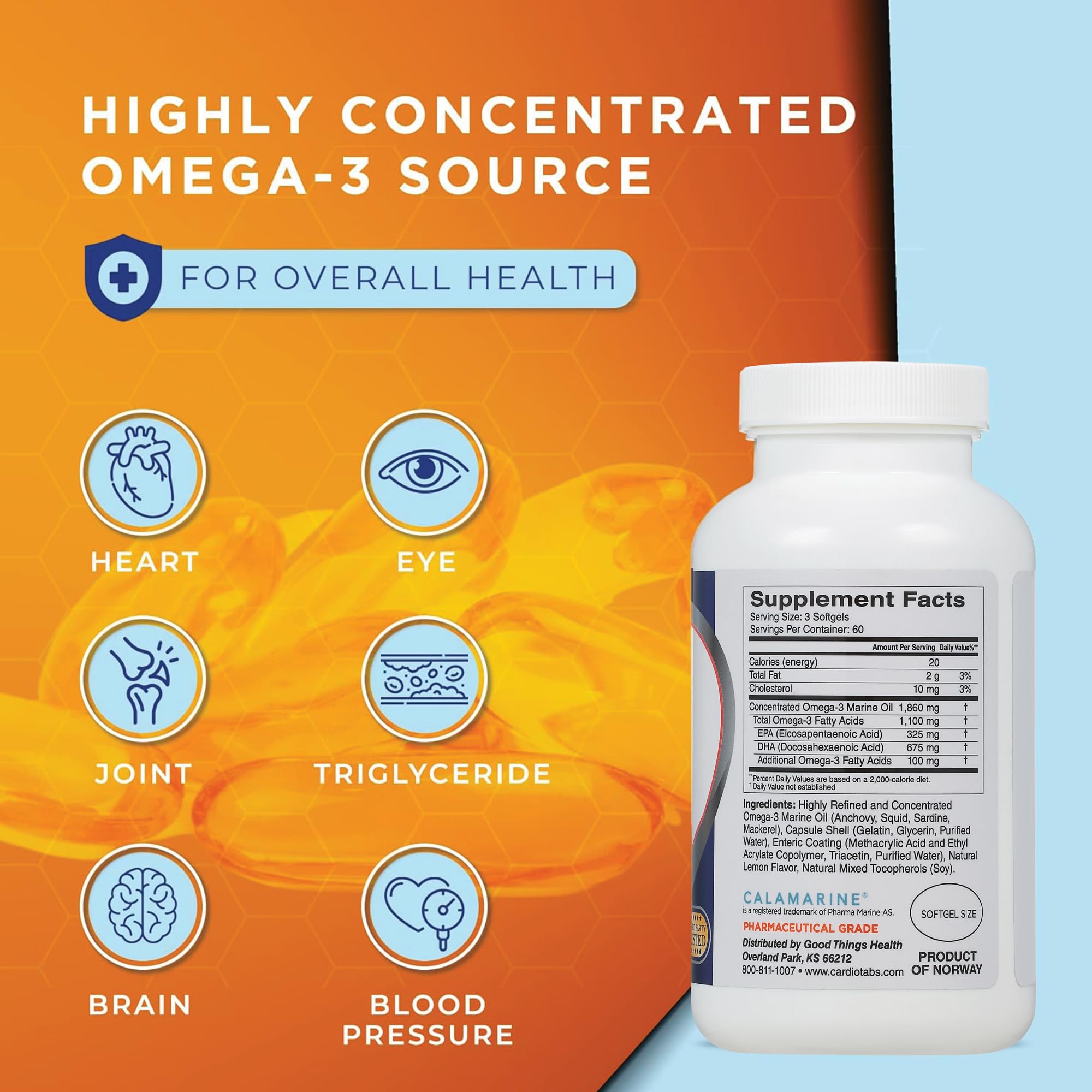 CardioTabs Omega-3 Enteric-Coated Fish Oil 1000mg softgels bottle side view