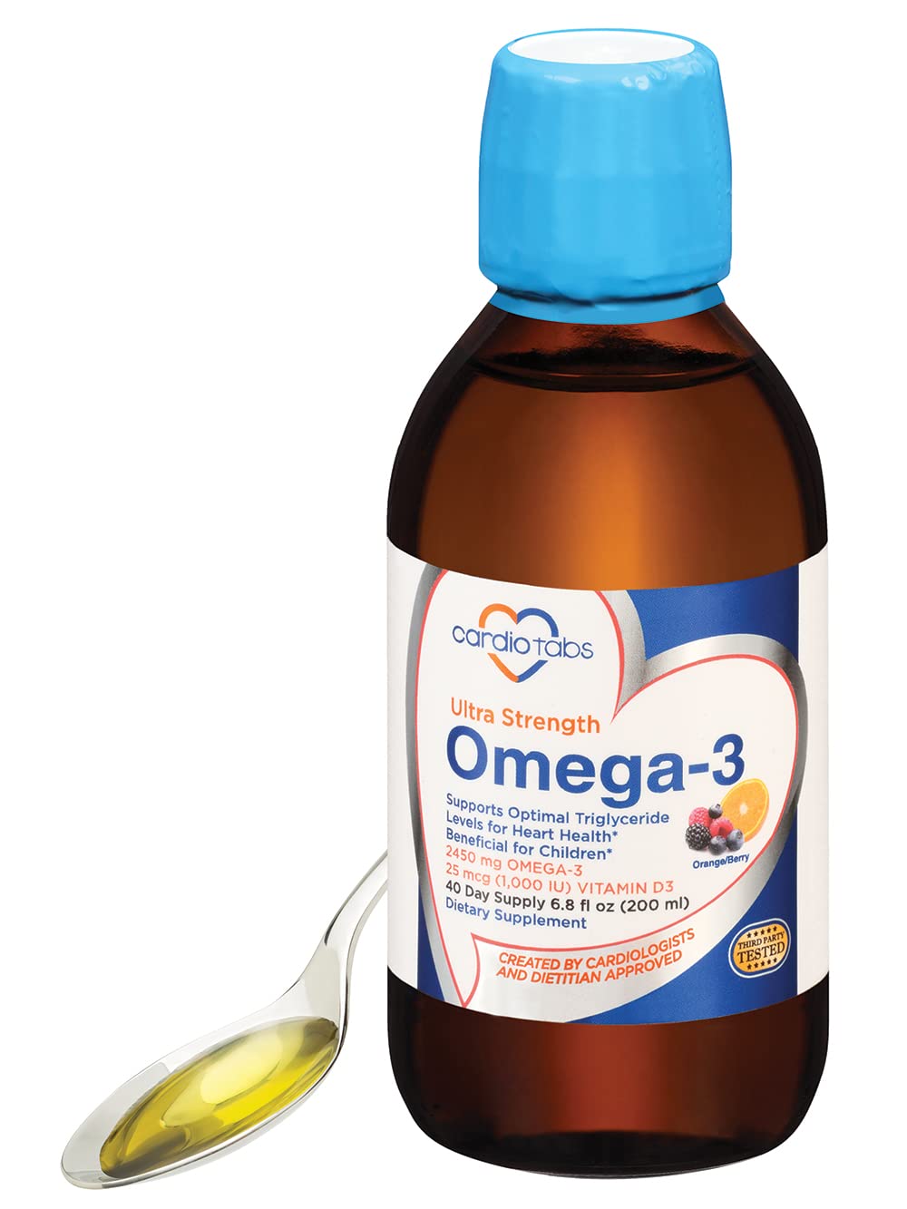 CardioTabs Ultra Strength Omega-3 Liquid Supplement front view with orange/berry flavour