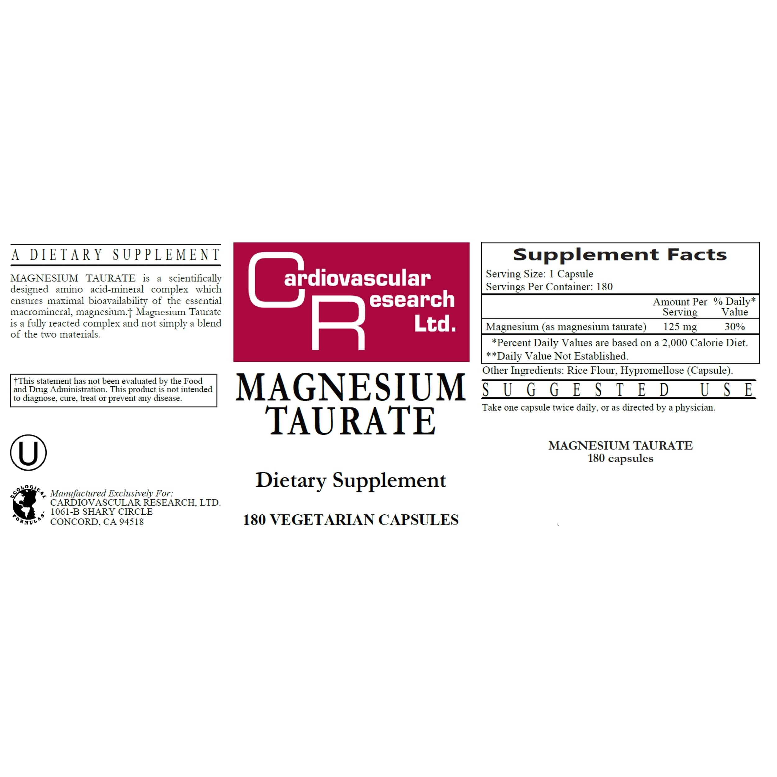 Cardiovascular Research Magnesium Taurate 125mg back view showing nutritional information