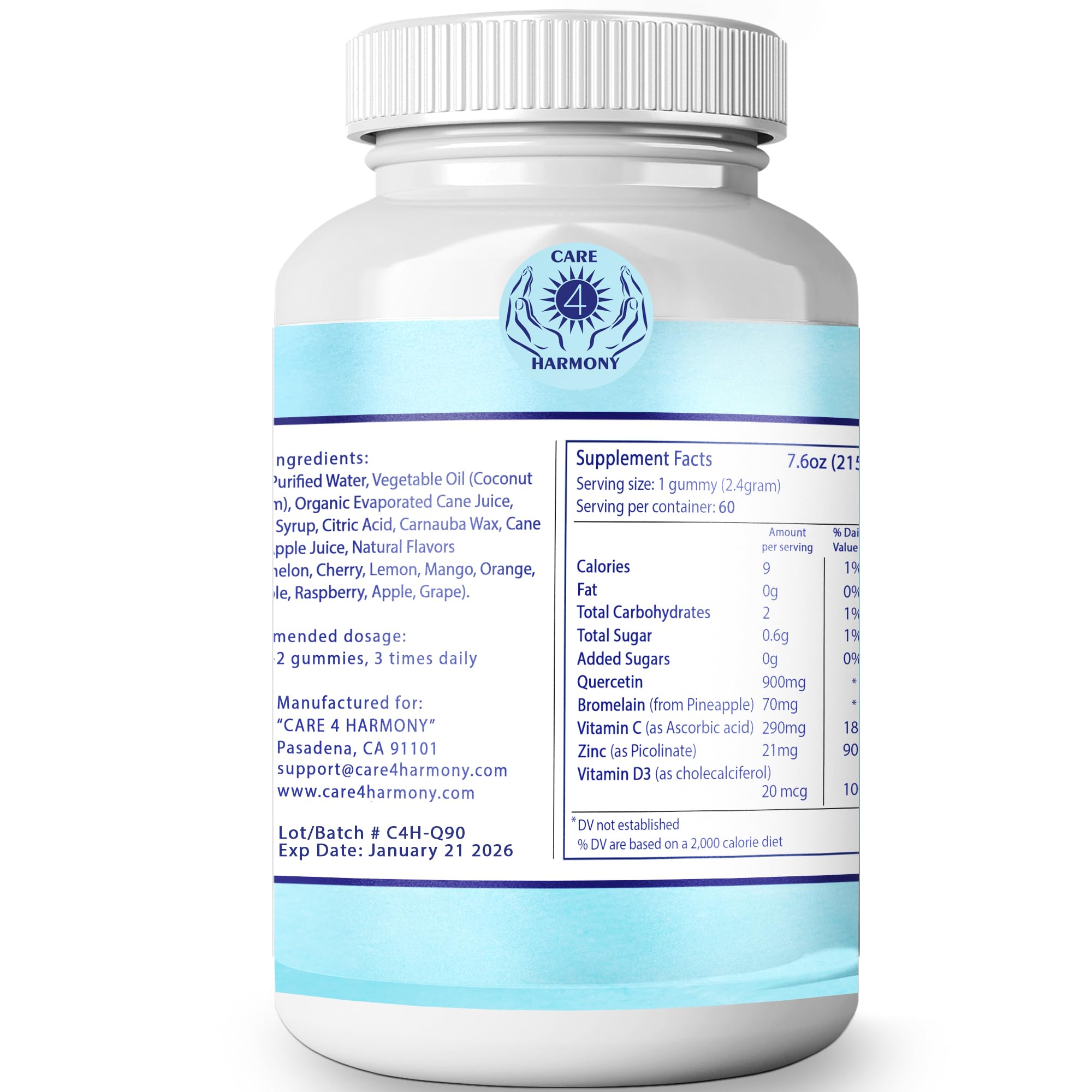 CARE 4 HARMONY Quercetin Gummies on a wooden table