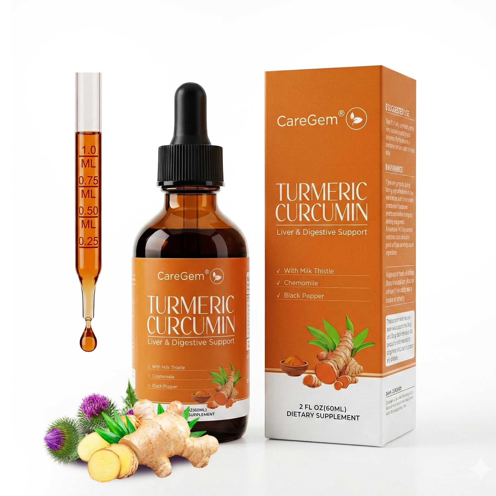 CareGem Liquid Turmeric Drops front view with packaging