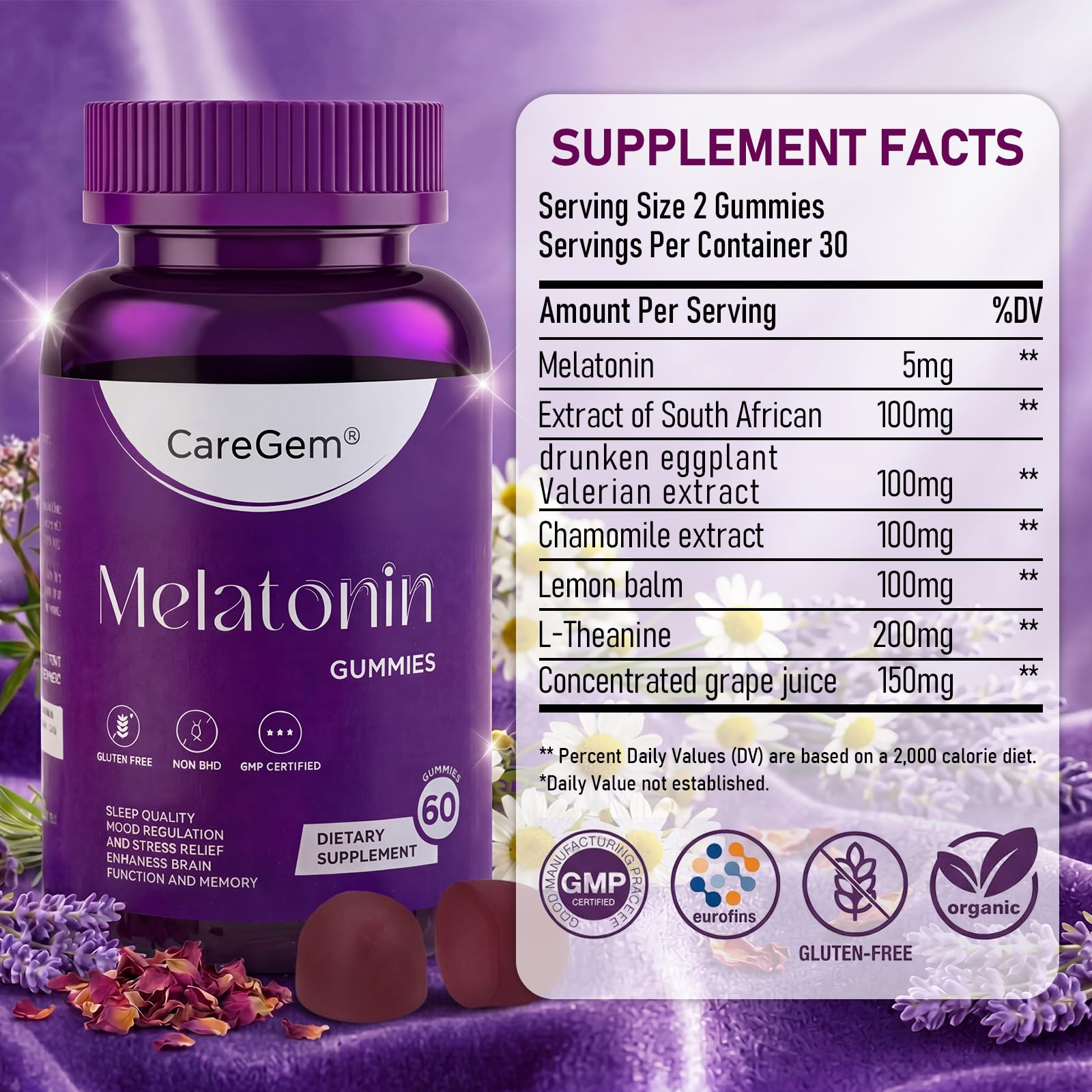 CareGem Sleep Gummies 5mg Melatonin displayed with herbal ingredients
